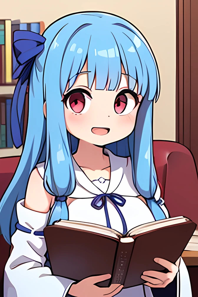 Woman reading a book in the living room,aoi kotonoha,((blue hair ribbon:1.4)),red eyes,(droopy eyes) ,blue hair ,very long hair,blunt bangs,((((tall to the eye))),(huge breast),((((grace body ))),white dress, detach sleeve, Wide Sleeves , shoulder out ,(big smile),(open mouth),(reading book),indoors,living room,on the sofa,upper body,((facing at viewer)),