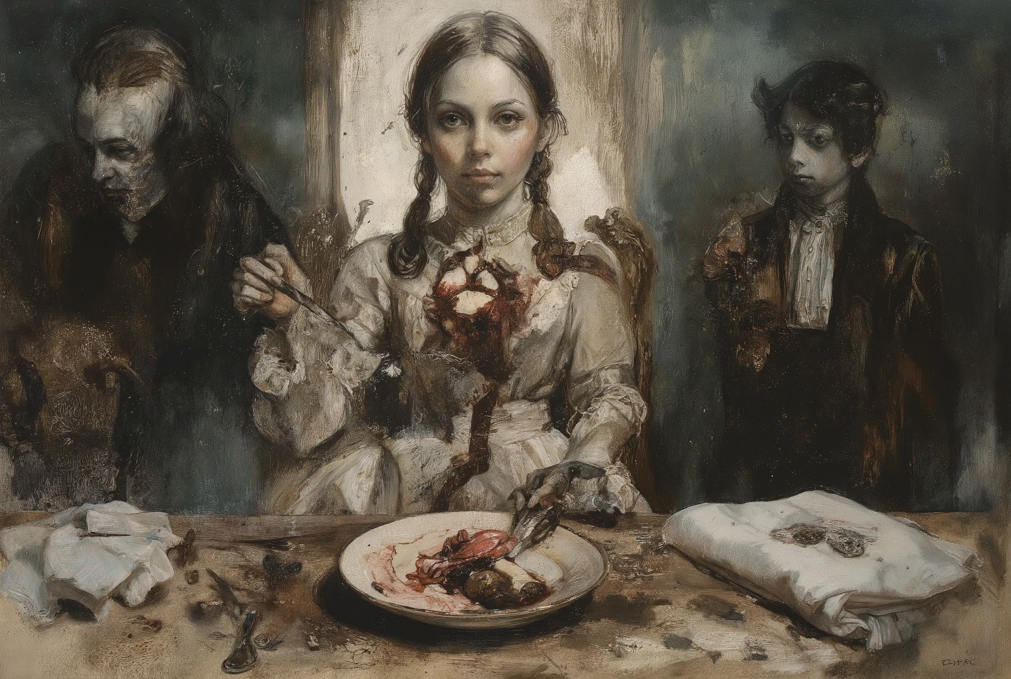 A haunting oil painting depicts a young girl seated behind a dimly lit, ornate dinner table in a posh, yet eerie dining room. Her Victorian-era dress and side braids are juxtaposed with the gruesome plate before her, filled with blood and a human heart. The girl is holding a knife and fork in anticipation. The atmosphere is grim, unsettling, and chaotic, evoking feelings of turmoil and despair. Bold, crude linework adds to the surreal quality, as if drawn on old, stained paper by a troubled mind. The bleak color palette immerses the viewer in a world of darkness and hopelessness.