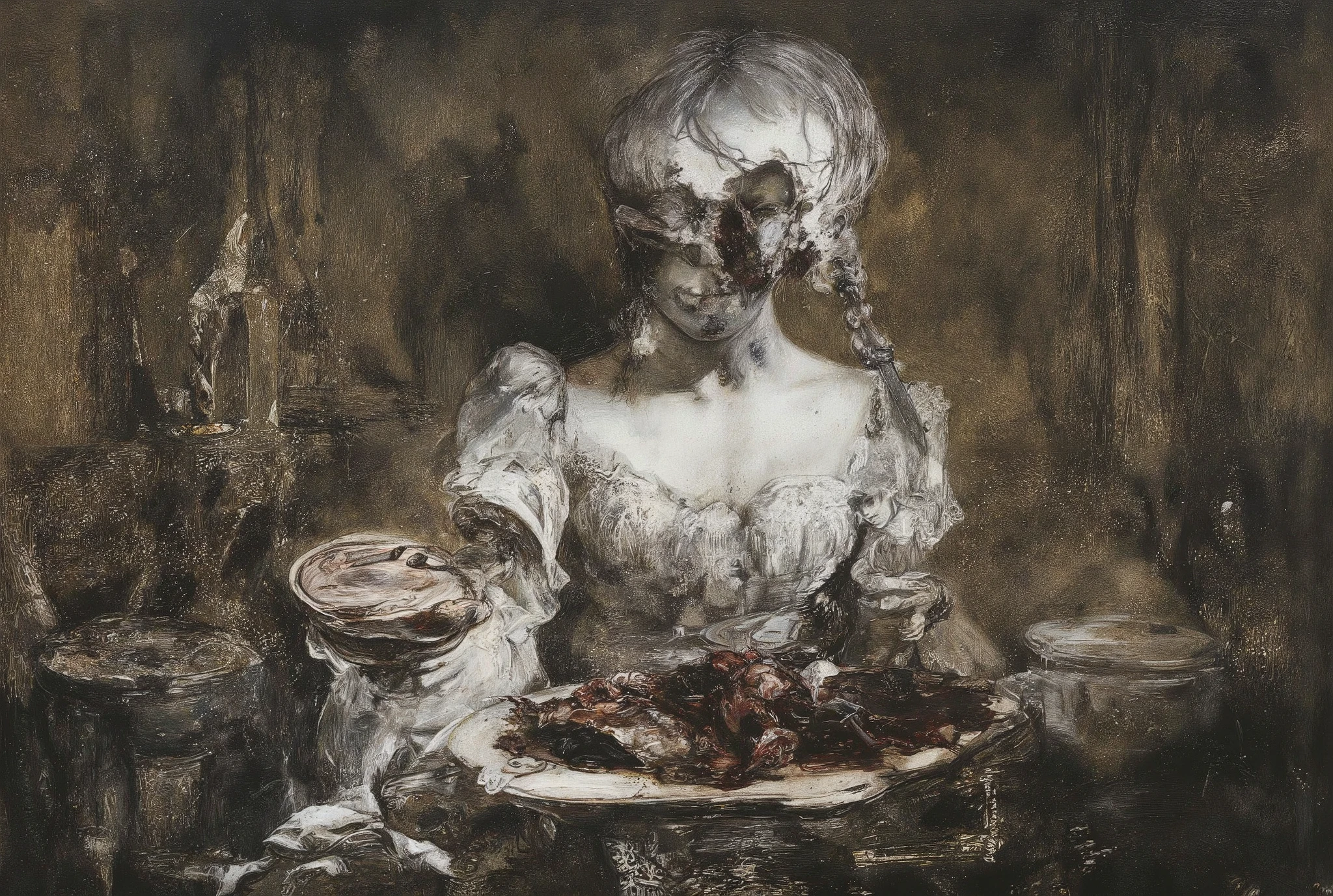 A haunting oil painting depicts a young girl seated behind a dimly lit, ornate dinner table in a posh, yet eerie dining room. Her Victorian-era dress and side braids are juxtaposed with the gruesome plate before her, filled with blood and a human heart. The girl is holding a knife and fork in anticipation. The atmosphere is grim, unsettling, and chaotic, evoking feelings of turmoil and despair. Bold, crude linework adds to the surreal quality, as if drawn on old, stained paper by a troubled mind. The bleak color palette immerses the viewer in a world of darkness and hopelessness.