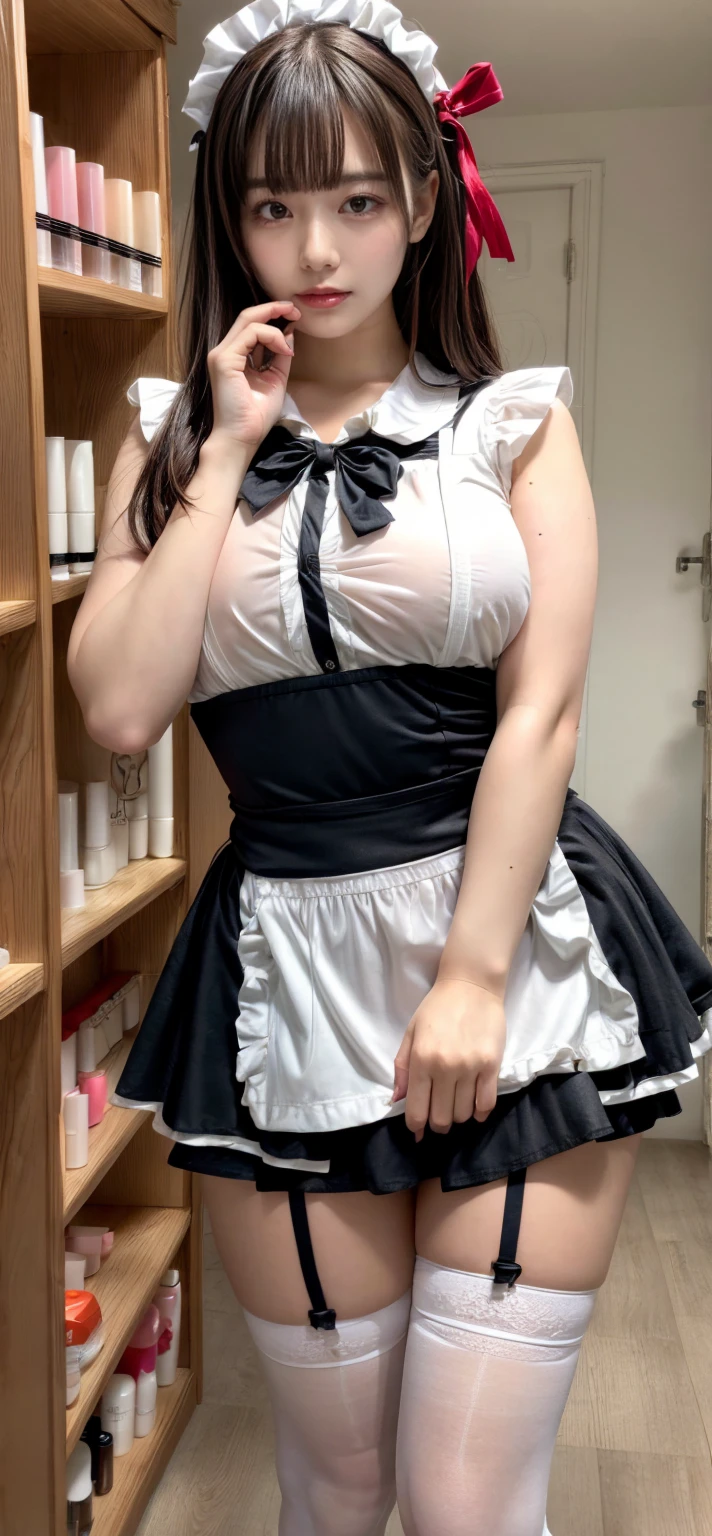 (8K、RAW Photos、Highest quality、masterpiece:1.2)、(Realistic、Realistic)、1 Girl、((Maid Costume:1.2、Thin legs、whole body、View from the front、smile、Looking into the camera、Hold your skirt with both hands and show me your black panties))、cute