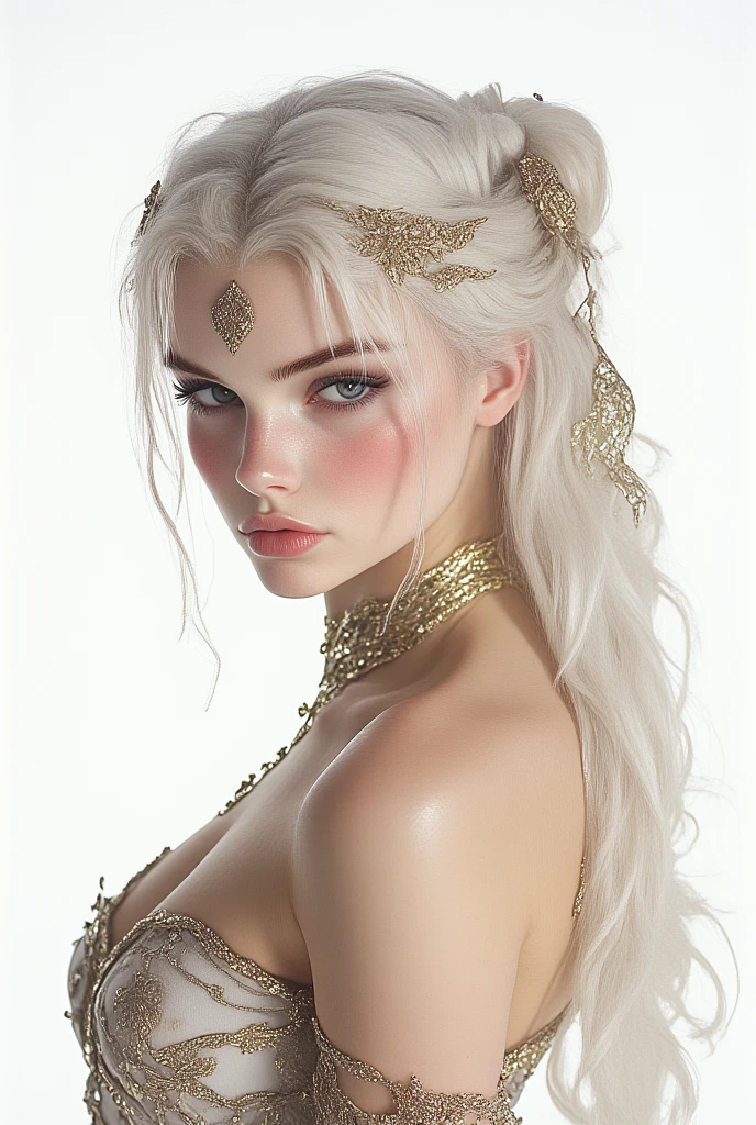 Woman naked in gold body jewelry, Highly Detailed Face and Skin Texture, ((white skin)) big green eyes, slim face, juicy lips, bimbo lips, big bimbo puffy breast, mikro breastplates ((afro curly Black hair)), pale skin, Detailed Eyes, Double Eyelids, cyberpunk gold metal jewelry BDSM, gold metal cyberpunk tapes on body, metal Collar, metal gold futuristic tiny Panties t-strings, metal panties, metal stickini, metal cupless bra, metal clothes, gold body jewelry, wet skin, she is naked. White skin, she is im Wilde dark jungle with big trees. masterpiece