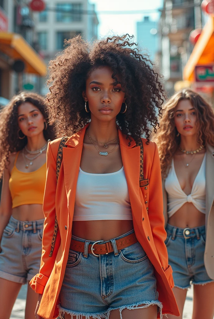 Young women curly hair leather jacket mini shorts jeans large handbag with their large families
