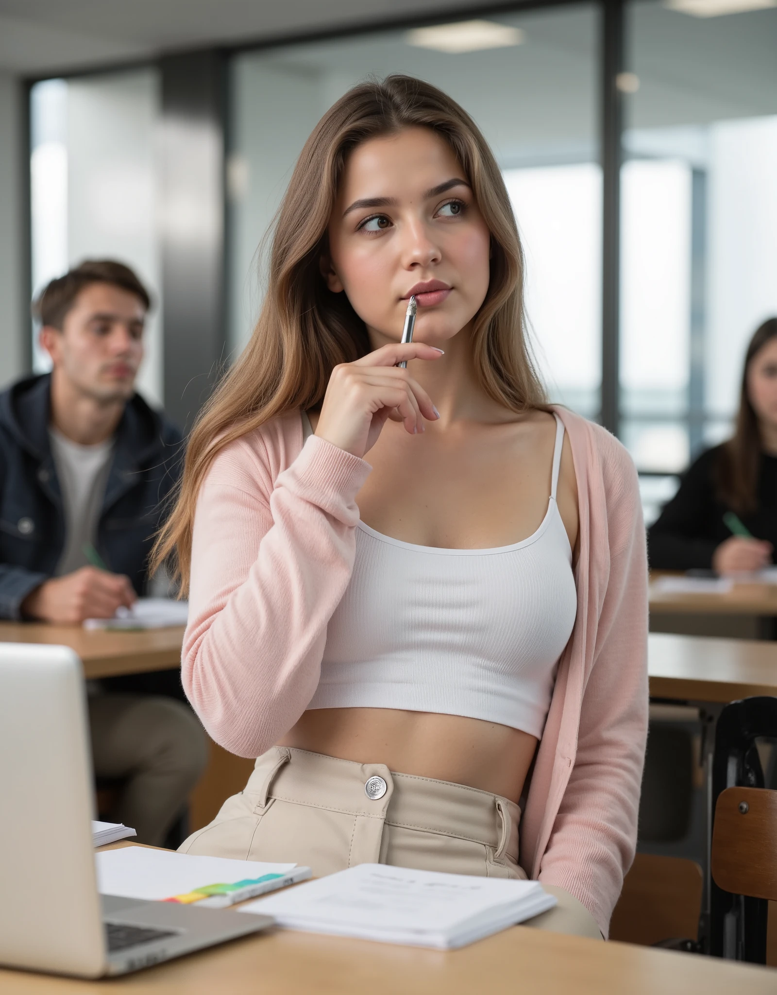 "Eden, a 23-year-old university student from Hamburg, tall and slender with long, dark blonde hair, sitting in a bright, modern lecture hall. She wears a cute pastel cardigan over a white crop top, paired with high-waisted wide-leg trousers. She holds a pen near her lips, looking up with a playful, slightly mischievous smile as if caught daydreaming. Her notes are neatly written in a pastel-colored notebook, while a sleek MacBook rests open on the desk. The blurred background shows other students listening, adding to the authentic university setting. Ultra-HD, crisp details, soft natural lighting, stylish and engaging academic aesthetic, high-resolution university photography.