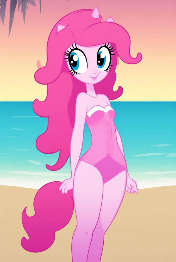 masterpiece,best quality,1girl,princesstoadstool,brown hair,long hair,blue eyes,crown,pink one-piece swimsuit,earrings,looking at viewer,solo,sea,sand,blue sky,tropical island backgroun,<lora:PrincessToadstool:1>,shiny,cameltoe,perfect lighting,