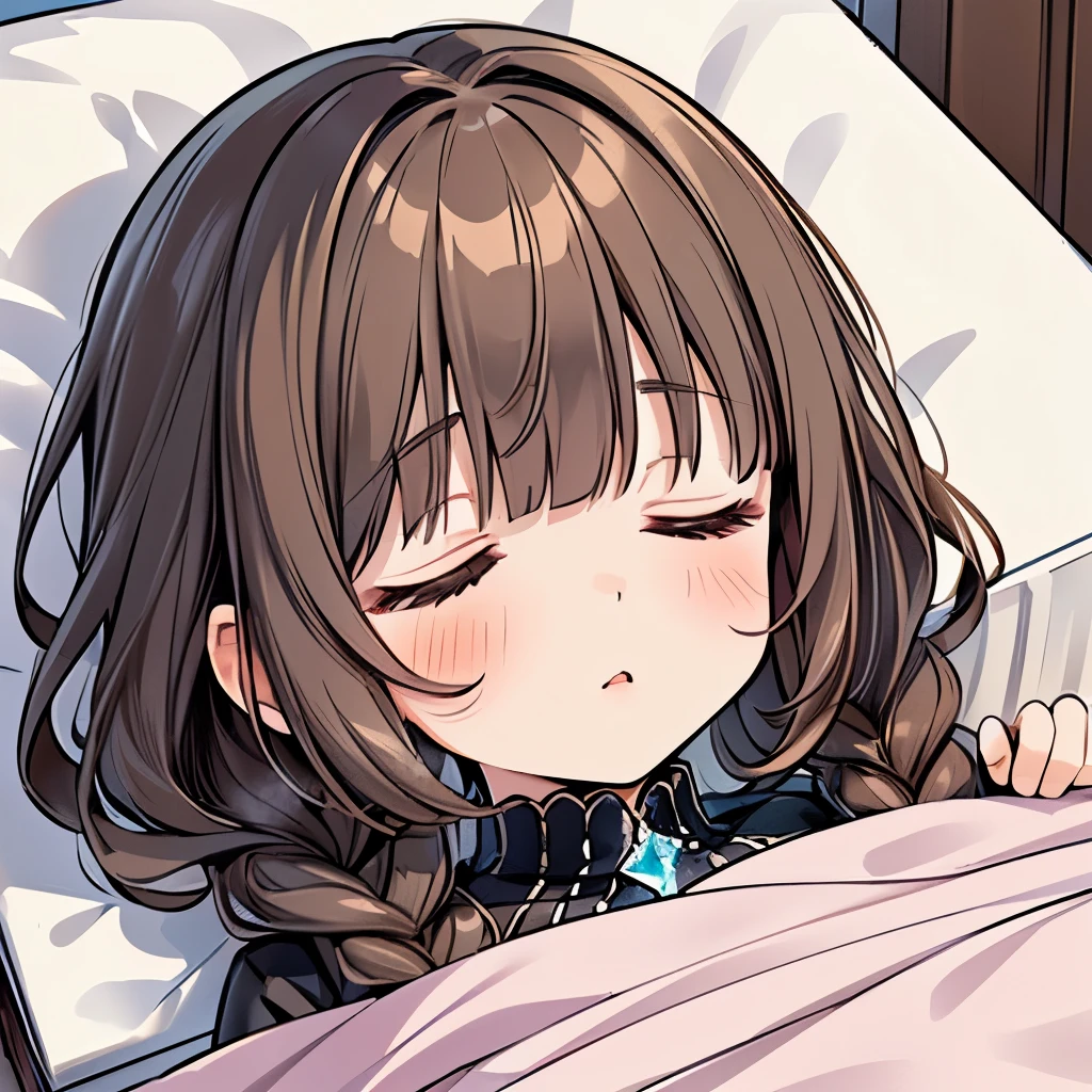 (One girl), masterpiece, Highest quality, Ultra-fine illustrations, Very cute girl, Highly detailed beautiful face, View your viewers, One girl, belt, close, View your viewers, 4K, High resolution, ribbon, A wild misunderstanding, blush, throw, Twin tail hair, White Background, Simple Background, Thick outline, Purple eyes, (sleep), Brown Hair, Little, Expressions of affection,  ((Brown Hair)), (Blood),