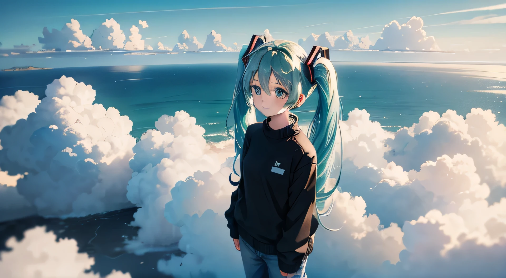 hatsune miku, casual clothes, hoodie, blue sky, scaly cloud, Light transmittance, (masterpiece), (highest quality, 8k, High resolution), super detailed