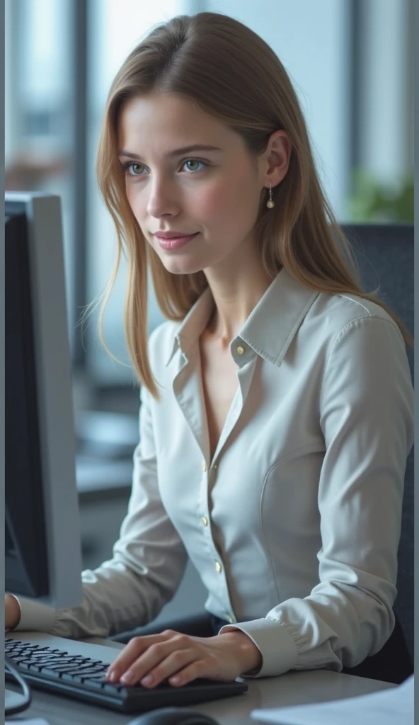 Light brown-haired girl, honey eyes, looking at a book, focused on reading,  shy smile,  tender look, long hair,  heterochromia,  Whole body, sitting on an armchair in the comfort of her modern and elegant home 