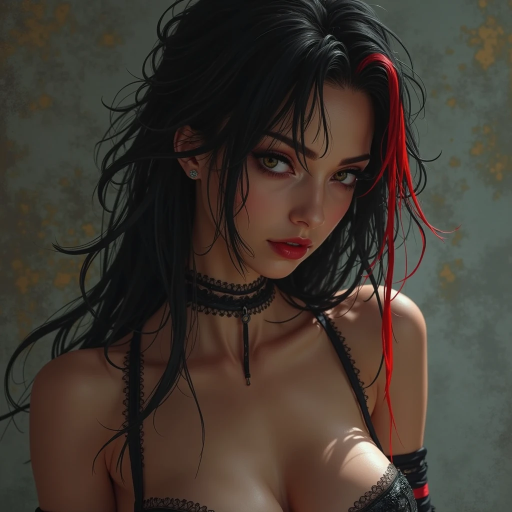 woman with long black hair, thick big red lips, 30-year-old woman , sexy red lips, thick lips, profile image, big and thick red lips masterpiece, best quality, highres, 21, 1girl, 18, solo, black hair, brown eyes, black gloves, white shirt, extra long hair, short sleeves, earrings, open vest, large breasts, (ruins:1.3), (torn clothes:2), sitting, smirk , cleavage, spread legs, nipple, big hips , hourglass figure
