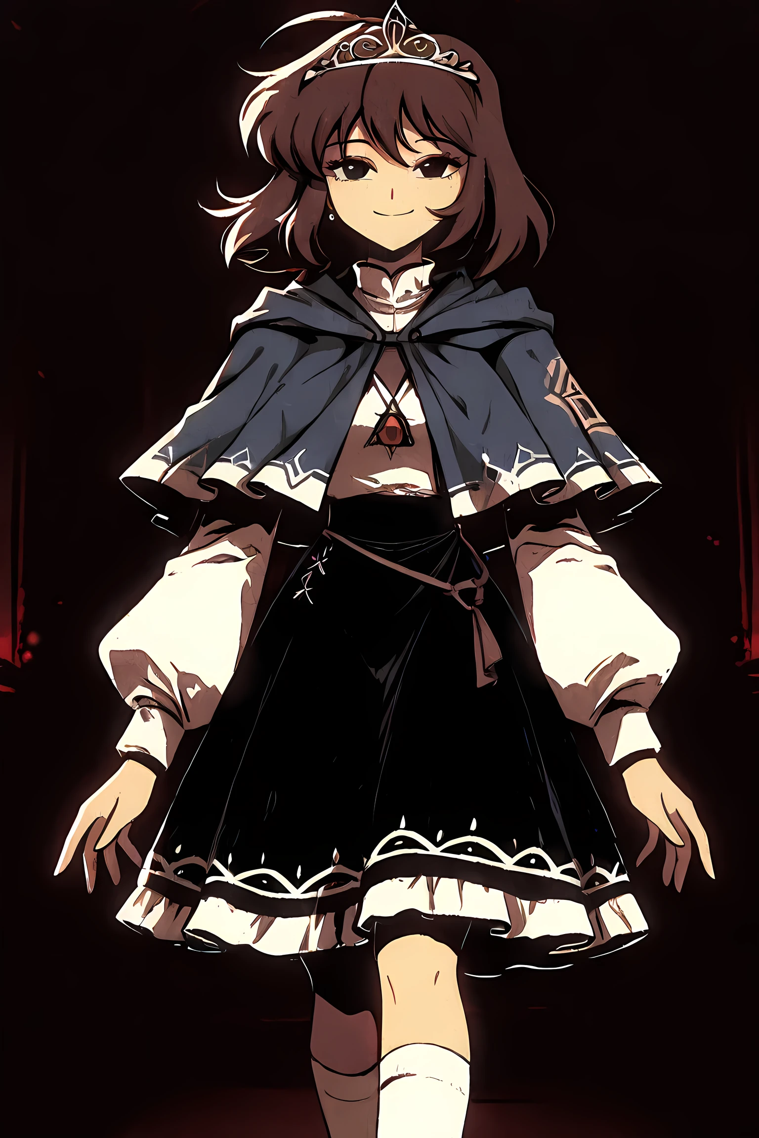 masterpiece, best quality, retro illustration, knva, bloom, high contrast, detailed texture, AliceFPE, 1girl, solo, medium hair, brown hair, tiara, black eyes, smile, capelet, long sleeves, white socks, black skirt, white socks, jewelry, portrait, dark room,
