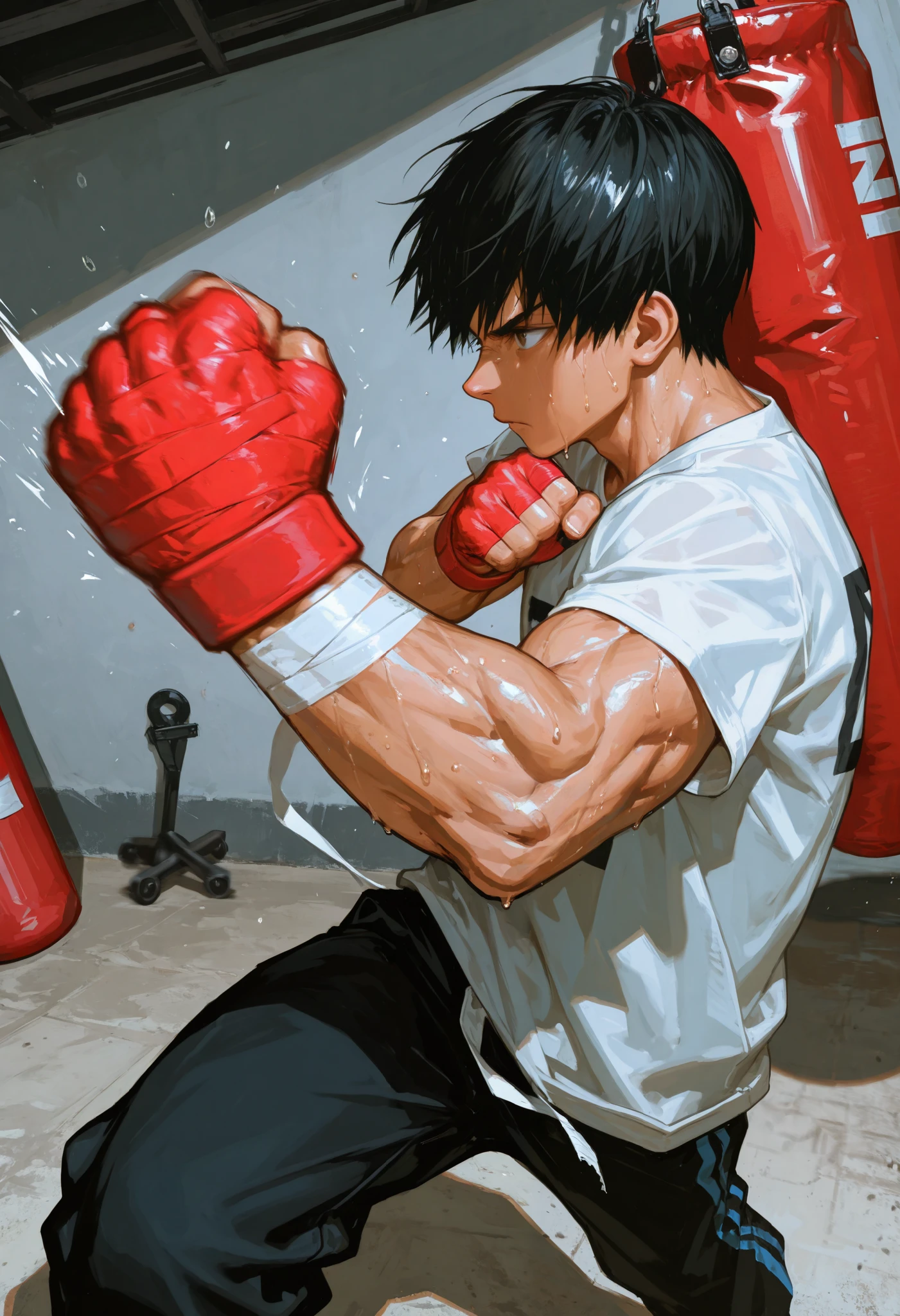 A boy like Amime, muscular,martial arts fighter, from the front,Looking at the spectator,Serious,Tightening the bandages on their hands,gymancio de Muay Yhai,red punching bag,Masterpiece, t-shirt, incredible quality, perspective, dynamic pose, dynamic Dutch angle,Alone , grew old, brutal, cunning,Motion blur,punch to the sack training,Punch,kick,Impact,(Blow to the sack),in profile,sweat,hard training