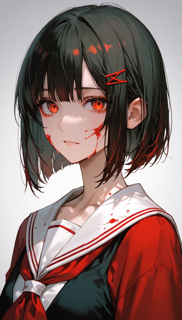 (masterpiece), best quality, high resolution, extremely detailed, detailed background, dark, 1girl, medium black hair, red eyes, looking at viewer, yandere, yandere face, shaded face, crazy eyes, red heart eyes, crazy smile, blood, blood on face, blood on clothes, hands on own cheeks, heart-shaped pupils, red background.