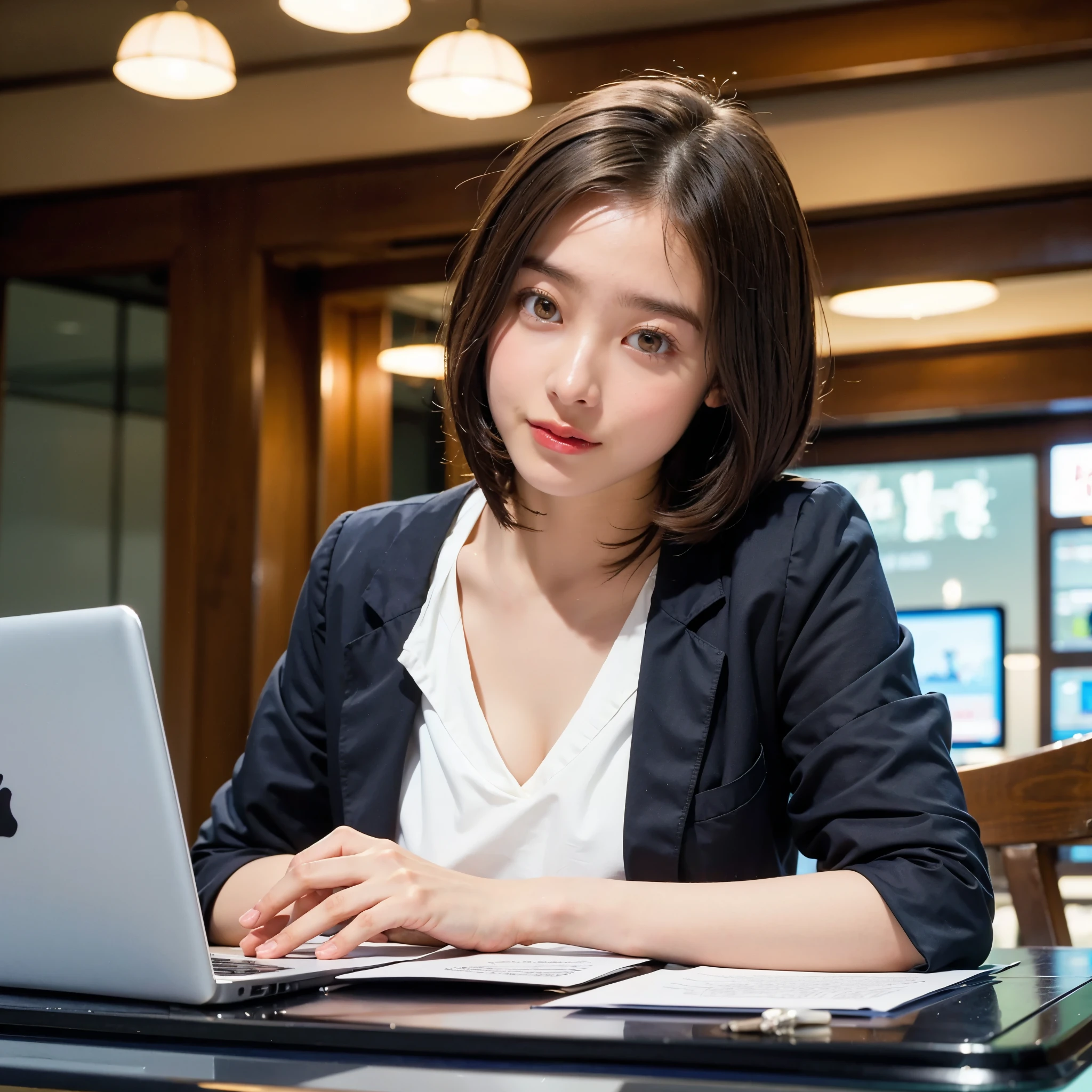 JS_NEWS,Major News,Laptop on the , sitting near the table, 1 girl,Laptop on the table, documents on the table ,jacket,very short bob hair, droopy eyes:1.5, Very thin:1.5