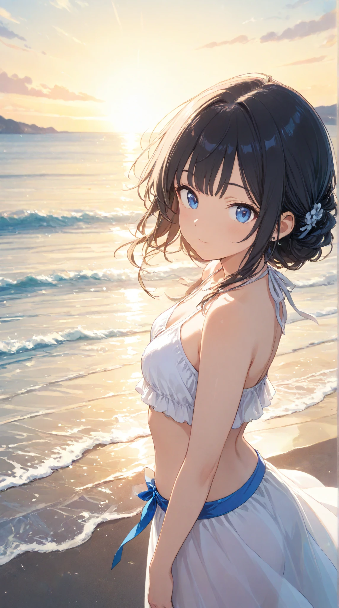 one-girl,cropped shoulders,Huge breasts,Portrait photo,Particularly large breasts,Off-the-shoulder attire,,cleavage,Open navel,Upper body photo,Black color hair,upon the clouds,white clothes,比基尼,swim wears,sandbeach,the sea,Close-up shot