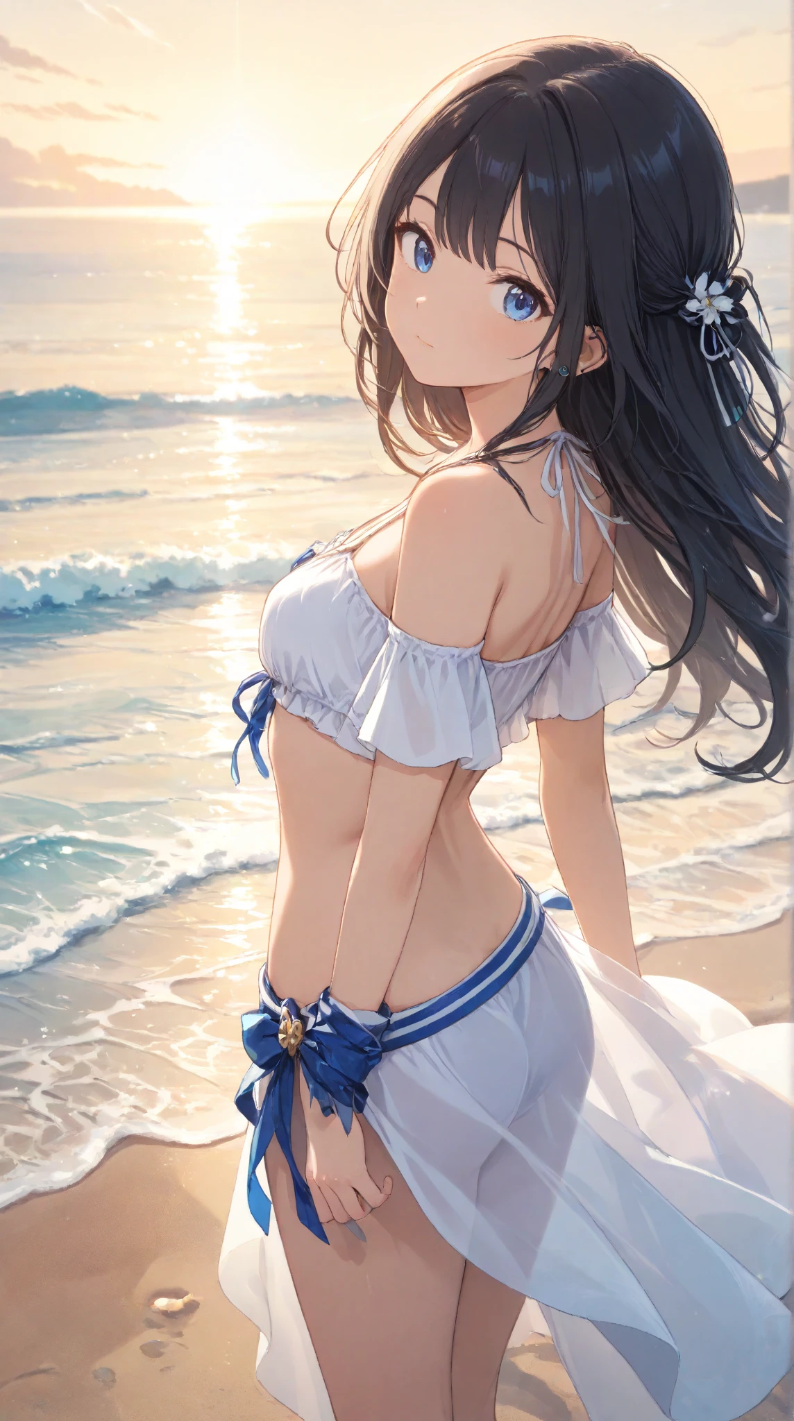 masterpiece, great quality, ultra detail, illustration, game cg, 1girl, solo, (FGOErice), blush, (very frilly bikini with microskirt), looking back at viewer, (upset), (quicksand:1.3), beach