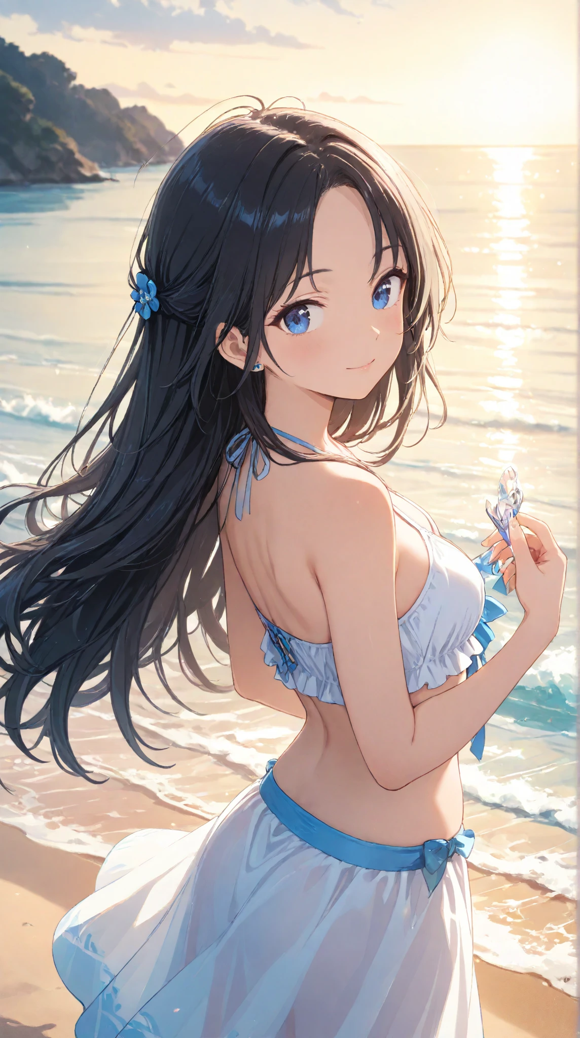 all nube,show off nipples,((best quality)),((highly detailed)),masterpiece,absurdres,detailed face,beautiful face,(detailed eyes, deep eyes),1girl,((dynamic pose)), Noel, black hair, blue eyes, long hair, standing, breasts, huge breasts, hair ornament, sea waves, seagulls, ocean, horizon line, clouds, palm trees, tropical paradise, floral print, beach vacation, summer getaway, relaxed atmosphere, detailed face, beautiful eyes, from behind