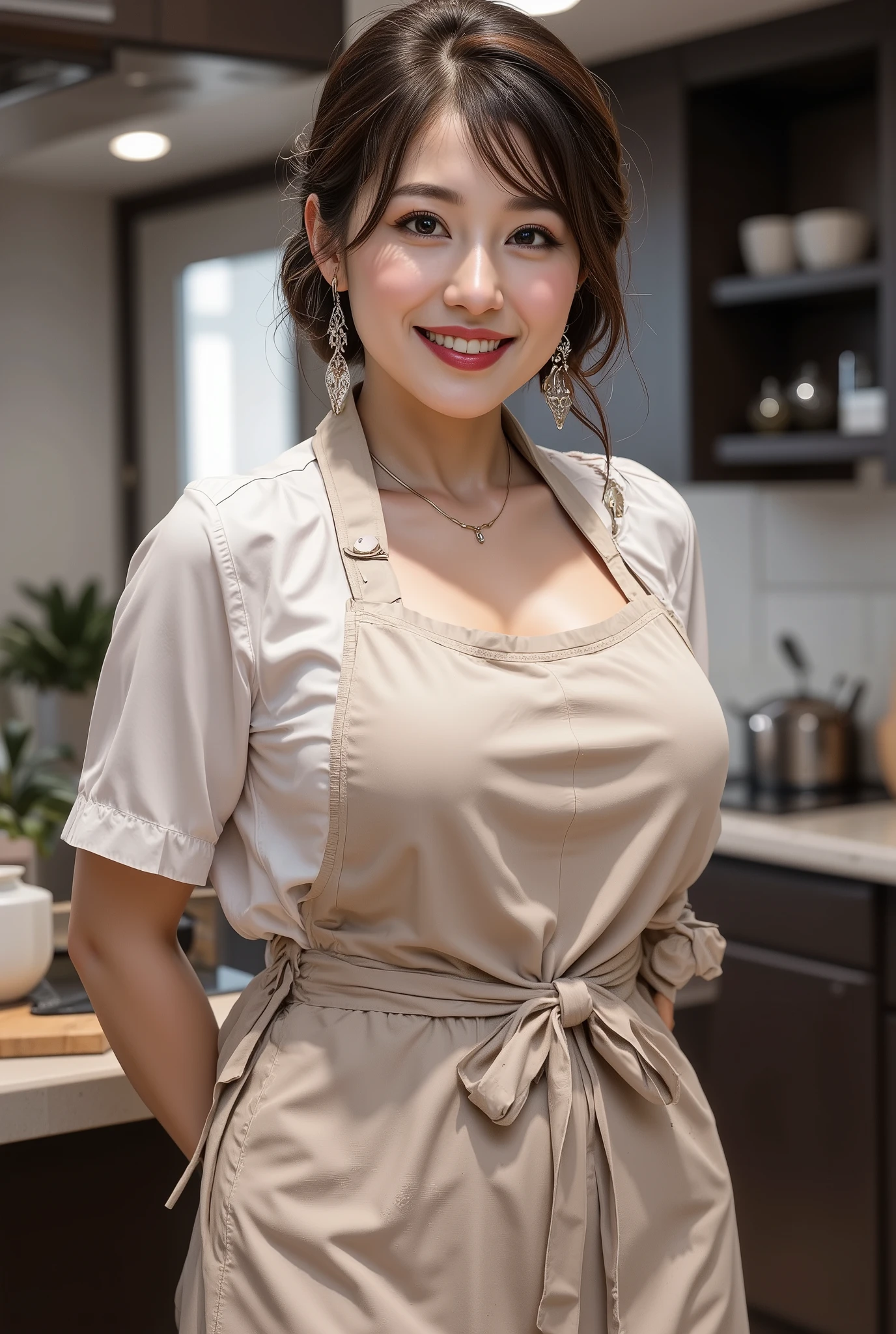 (nsfw), (RAW photo), (realistic), (photorealistic), super high definition, masterpiece, Highest quality, portrait, facial portrait, perfect lighting, detailed lighting, dramatic shadow , ray tracing, 1 beautiful Japanese mature woman , 40 years old, rich, Chest, Thick body :1.2, beautifully detailed brown eyes, plump lips, red lips, Big Breasts, big butt, The size of thick thighs , 腹logic, logic, updo hair, black hair, earrings, Mouth half open , smile, looking towards the viewer, wearing a nude apron, ((cross your arms around your back)), in the kitchen,