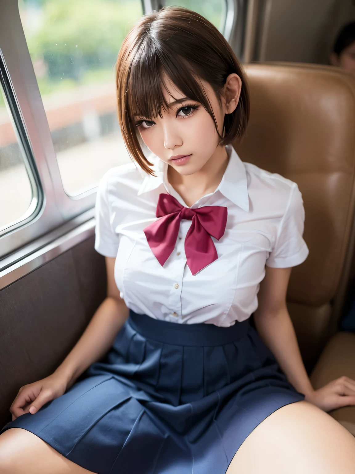 Coming to 、 Highest quality , masterpiece , super high definition, Highly Detailed Depiction of 1 Animal 、( bright lighting 、 realistic、 photo realistic、 original photo :1.2), bright color 、 Perfect Anatomy、 one girl, mature、 bow down on the train seat 、 short hair、 JK uniform , high school girl、 check skirt 、cute skirt and uniform 、 Thailand、 cute panThailand、 strong eyes 、 prankっぽい笑顔で舌を出している , Coming to 、 Show off your body , ( sleeping with legs open 、 sleep on your back 、PanThailand visible in the triangular zone 、 cute panThailandが見える:1.4)、 prank、 shot from above