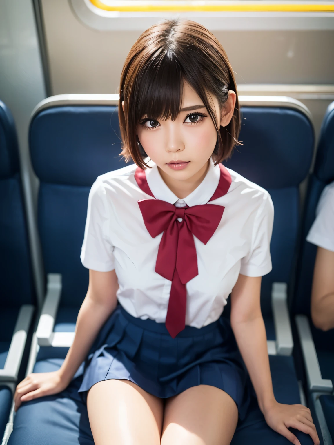 Coming to 、 Highest quality , masterpiece , super high definition, Highly Detailed Depiction of 1 Animal 、( bright lighting 、 realistic、 photo realistic、 original photo :1.2), bright color 、 Perfect Anatomy、 one girl, mature、 bow down on the train seat 、 short hair、 JK uniform , high school girl、 check skirt 、cute skirt and uniform 、 Thailand、 cute panThailand、 strong eyes 、 prankっぽい笑顔で舌を出している , Coming to 、 Show off your body , ( sleeping with legs open 、 sleep on your back 、PanThailand visible in the triangular zone 、 cute panThailandが見える:1.4)、 prank、 shot from above