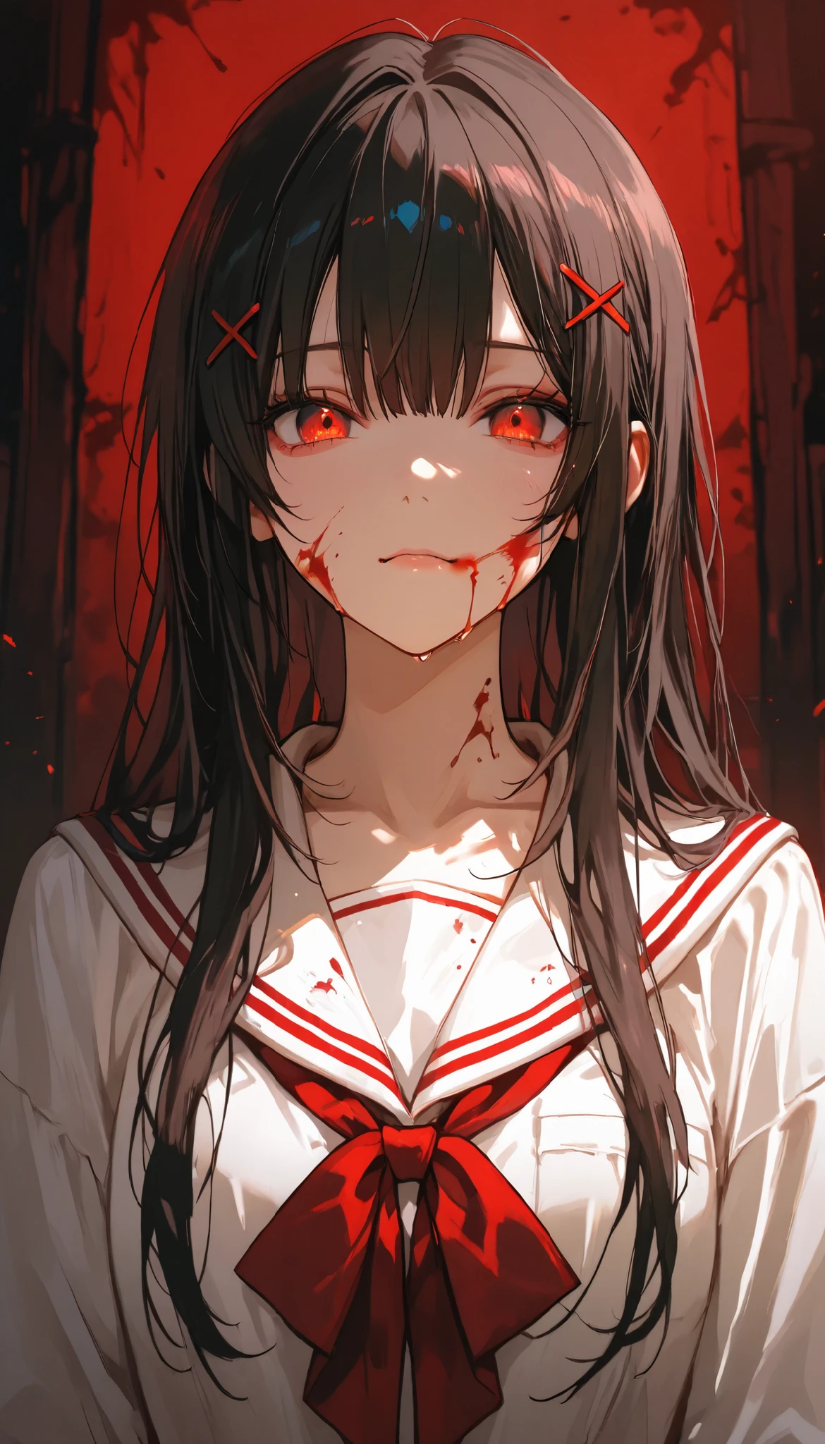 1girl, dark hair, hairpins, blood on cheeks, yellow and red eyes,