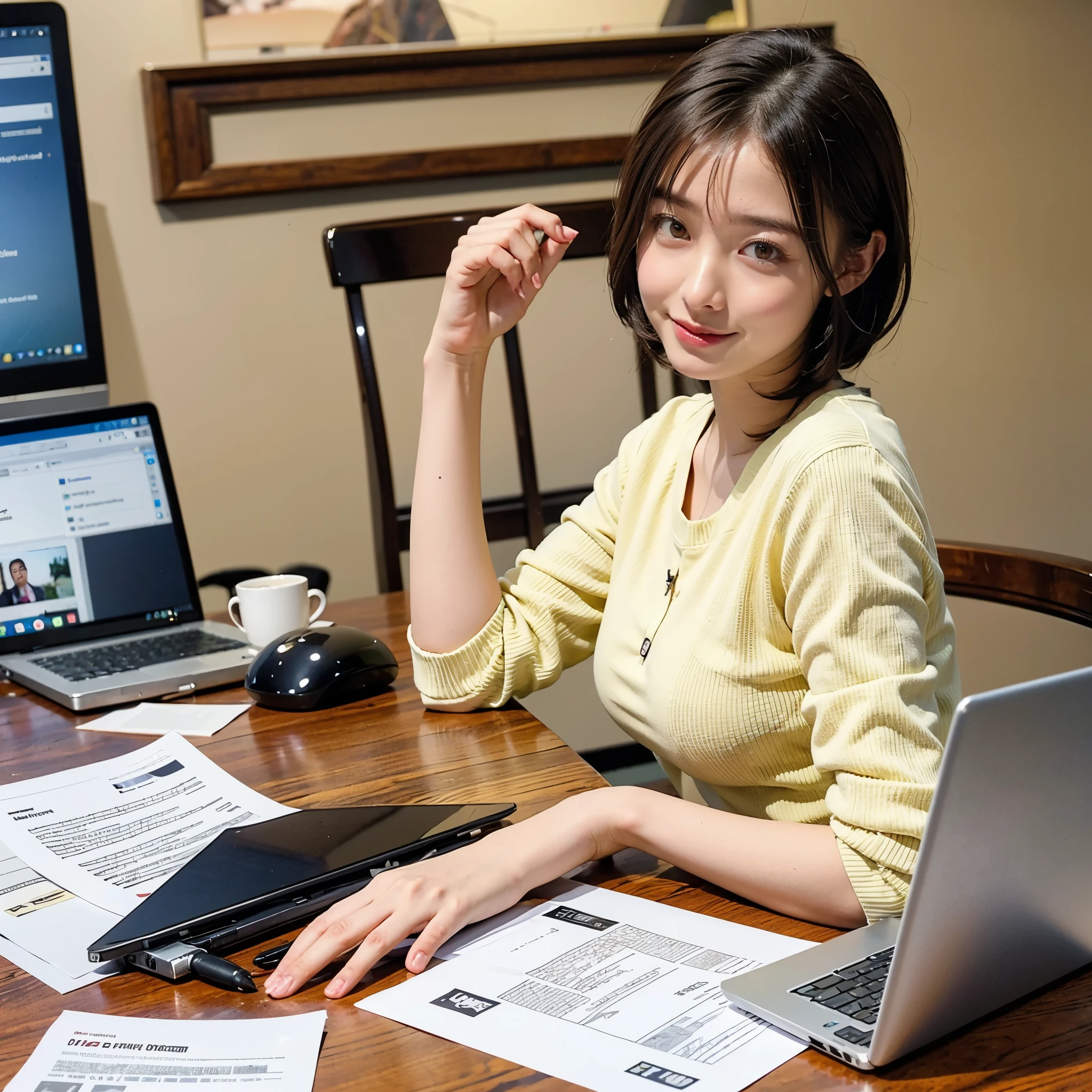 JS_NEWS,Major News,Laptop on the , sitting near the table, 1  girl,Laptop on the table, documents on the table ,very short bob hair, droopy eyes:1.5, Very thin:1.5  