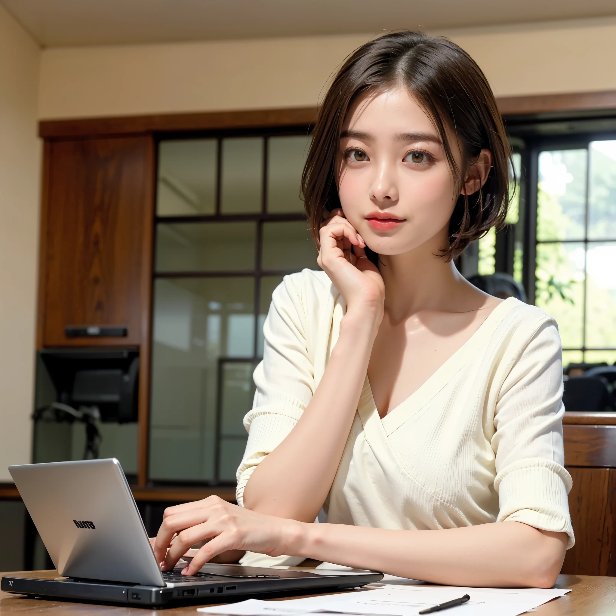 JS_NEWS,Major News,Laptop on the , sitting near the table, 1 girl,Laptop on the table, documents on the table ,very short bob hair, droopy eyes:1.5, Very thin:1.5