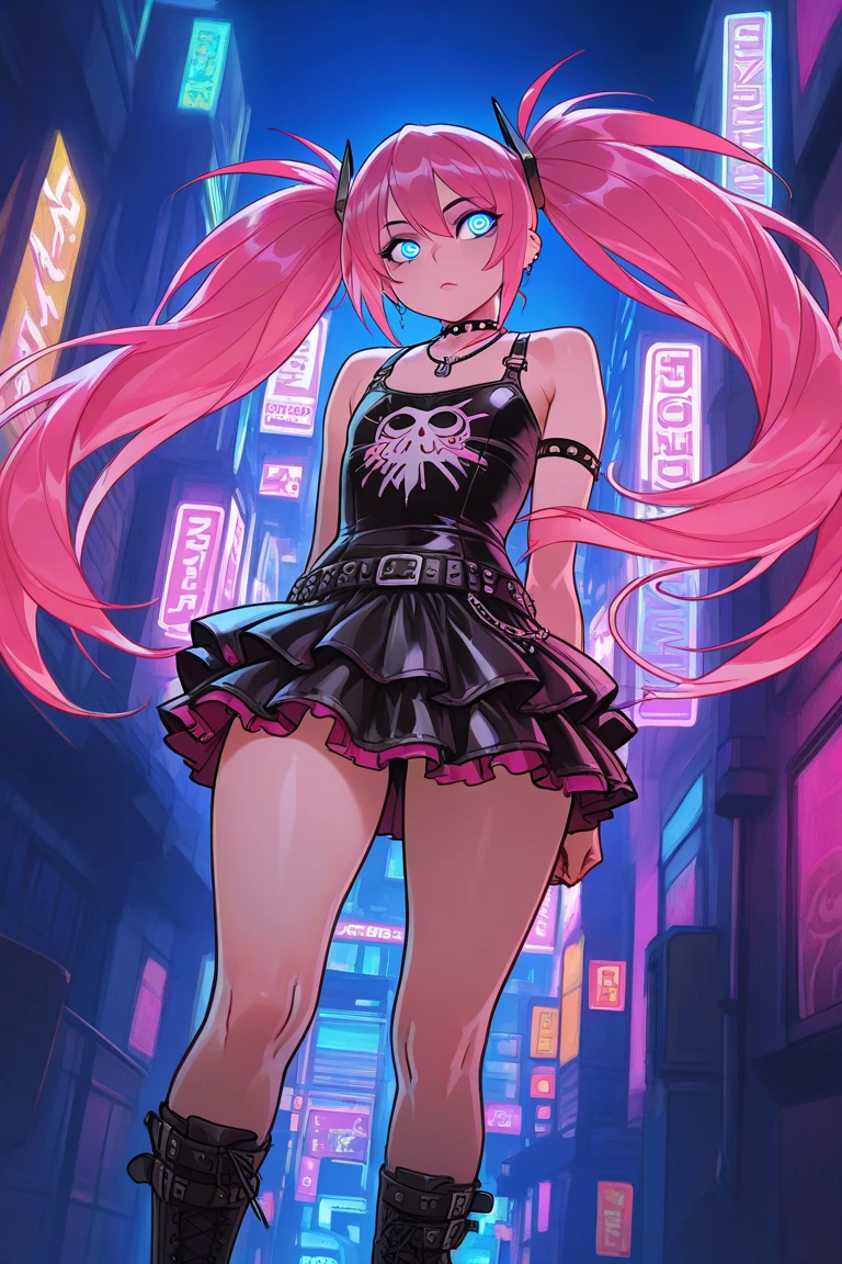 Make an image of something that looks very aesthetic with neon lights, make an image of a neon bar, also add a beautiful girl in the front facing the viewer and various people in the background, make her look prettier, she's wearing more jewellery, give a front view of her, straighten her posture, she's wearing a pink skirt