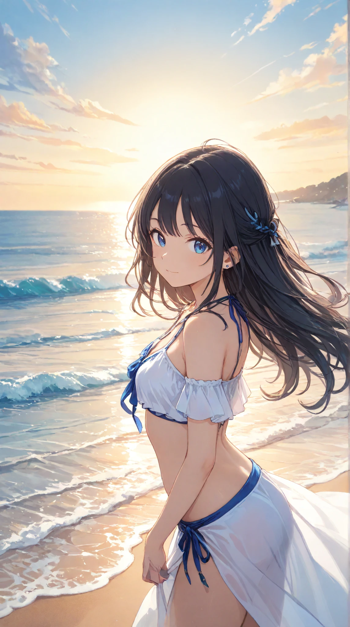 Yukino, yukino yukinoshita, Black Hair, blue eyes, Long Hair, Ahoge,White frilly bikini swimsuit,barefoot,Water Play,smile,blush,Open your mouth,Wet Hair,Wet Skin,Wet swimsuit,True Summer,Daytime,Clear skies,whole bodyがイラストに入るように,
break outdoors, Beach,
break looking at viewer,whole body, (Cowboy Shot:1.5),
break (masterpiece:1.2), Highest quality, High resolution, unity 8k wallpaper, (figure:0.8), (Beautiful attention to detail:1.6), Highly detailed face, Perfect lighting, Highly detailed CG, (Perfect hands, Perfect Anatomy),