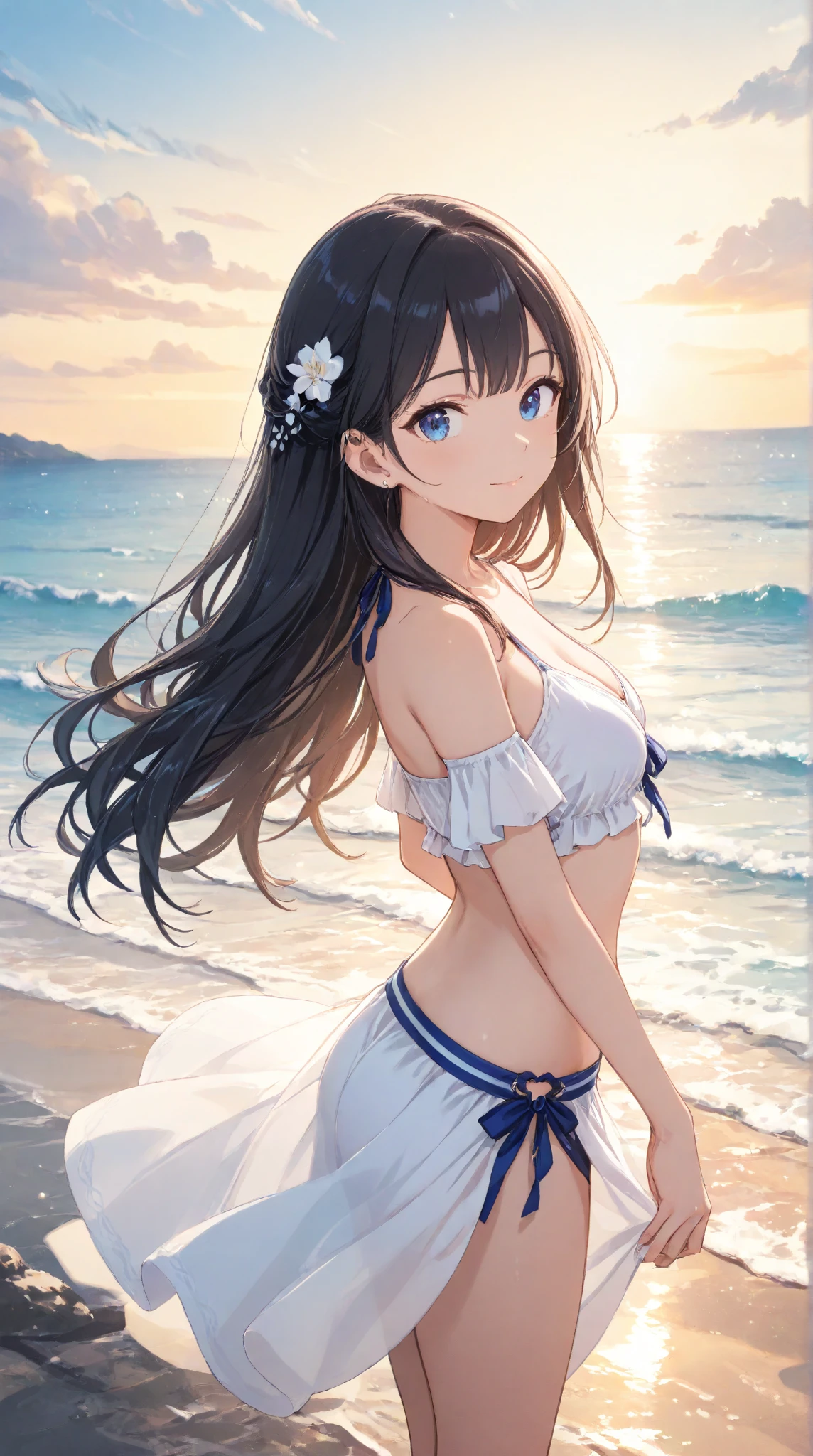 Beautiful breasts、A long white dress shirt with a thin blue bra showing through、Without skirt、Blue underwear、barefoot、Standing posture、Cumulonimbus cloud and blue sky