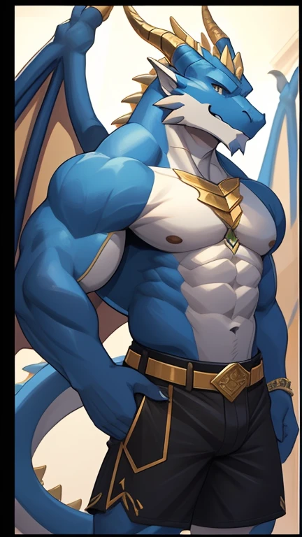 An anthropomorphic male dragon, His body is adorned with luxurious and gorgeous lace lingerie, Highlight his muscular body and sharp claws. The underwear tightly wrapped around his body, Showing the outline of his chest, abdomen, and weapons. His wings, Stretch and elegant, Delicate lace pattern glitters in the light、dance to tune. Dragon's Tail, Long-lasting and powerful, In sharp contrast to the gorgeous clothing. He has a gold nipple ring,Connected with a delicate chain, Drawing attention to his protruding chest,Emphasize his charming masculinity. The dragon's eyes are eye-catching, Full of confidence and, Highlight underwear and decorative embellishments. The background of this photo is a luxurious bedroom, With luxurious furniture and soft, Create an atmosphere of indulgence and sensuality.