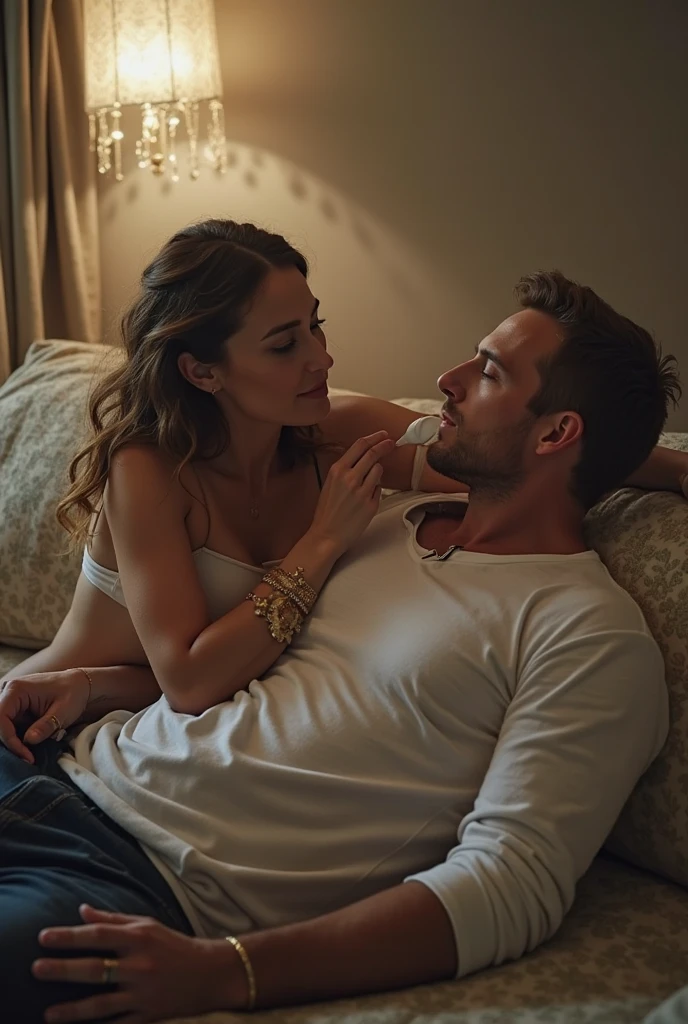 man with short blond hair and woman with loose brown hair, THEY ARE LYING ON A SIMPLE BED, He is on top of her as they look at each other intensely and passionately. , He has a sculpted body and is shirtless, she wears a simple 19th century period nightgown.