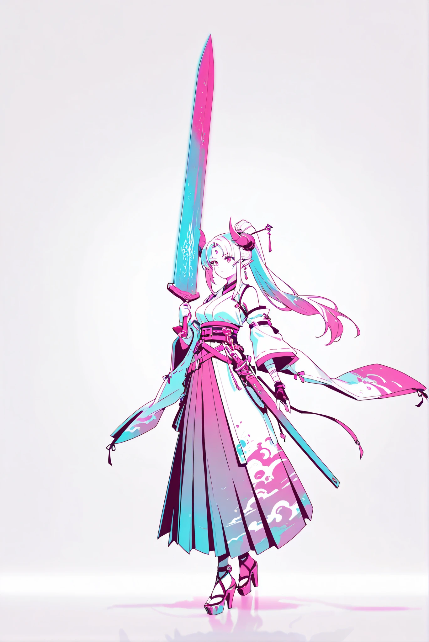 ( , stands,full body,high heels,front view,Standing picture,white background:1.7),HoleHeels,oval/Circle/Thorn/Horn Heels,,Limited Color Palette,Colorful,Bright Color,flashing silhouette,neon,black light ,watch, masterpiece, is very beautiful,azsd, high ponytail, long hair, curled horns, pointy ears
moonlight sword, sword, holding sword, glowing sword, greatsword, giant weapon ,azsd, high ponytail, long hair, curled horns, hairpin, forehead ornament, pointy ears, earrings, white kimono, detached sleeves, wide sleeves, bandaged arm, glove, fingerless glove, multiple belts, layered hakama, long skirt, or, sandals