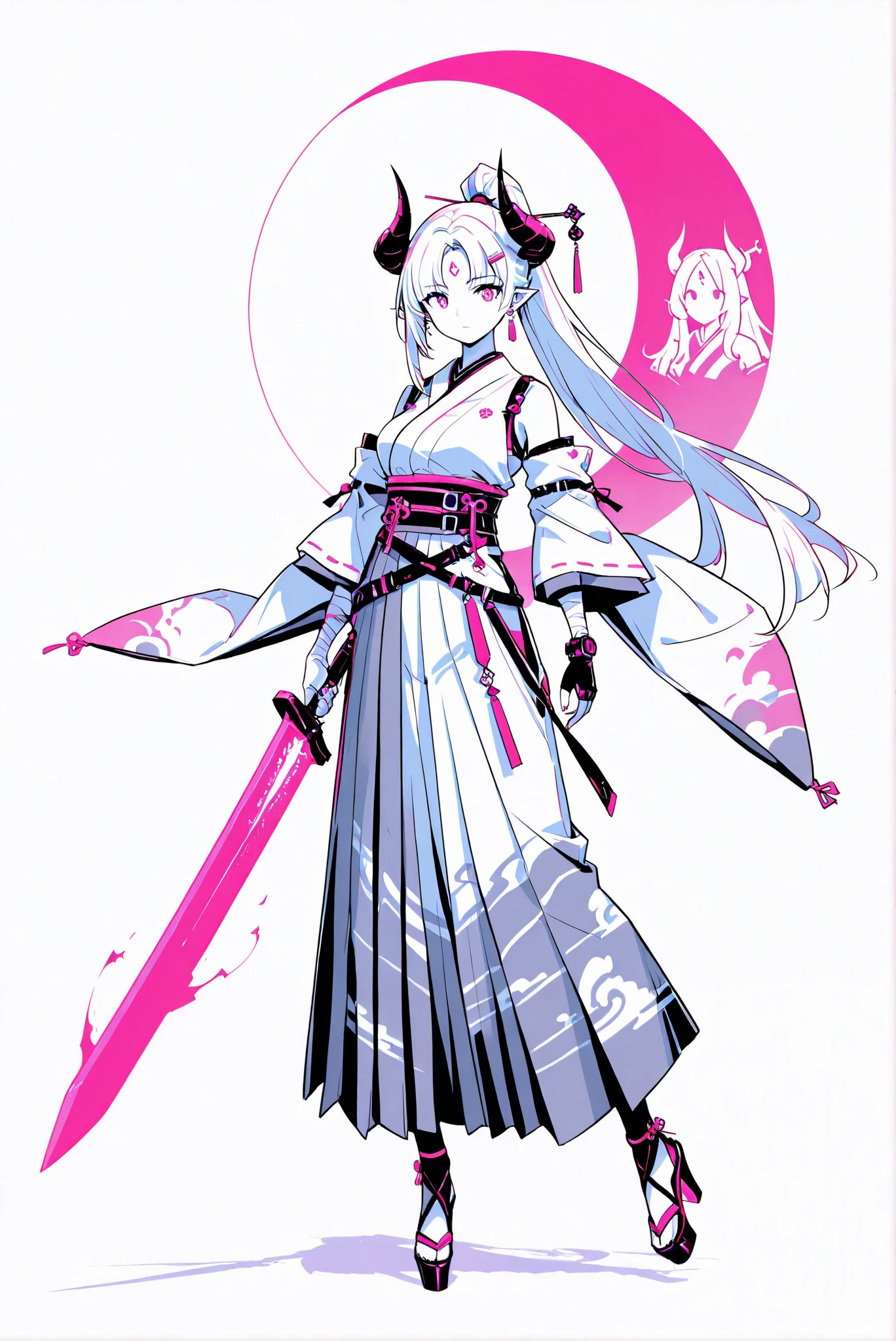 ( , stands,full body,high heels,front view,Standing picture,white background:1.7),HoleHeels,oval/Circle/Thorn/Horn Heels,,Limited Color Palette,Colorful,Bright Color,flashing silhouette,neon,black light ,watch, masterpiece, is very beautiful,azsd, high ponytail, long hair, curled horns, pointy ears
moonlight sword, sword, holding sword, glowing sword, greatsword, giant weapon ,azsd, high ponytail, long hair, curled horns, hairpin, forehead ornament, pointy ears, earrings, white kimono, detached sleeves, wide sleeves, bandaged arm, glove, fingerless glove, multiple belts, layered hakama, long skirt, or, sandals