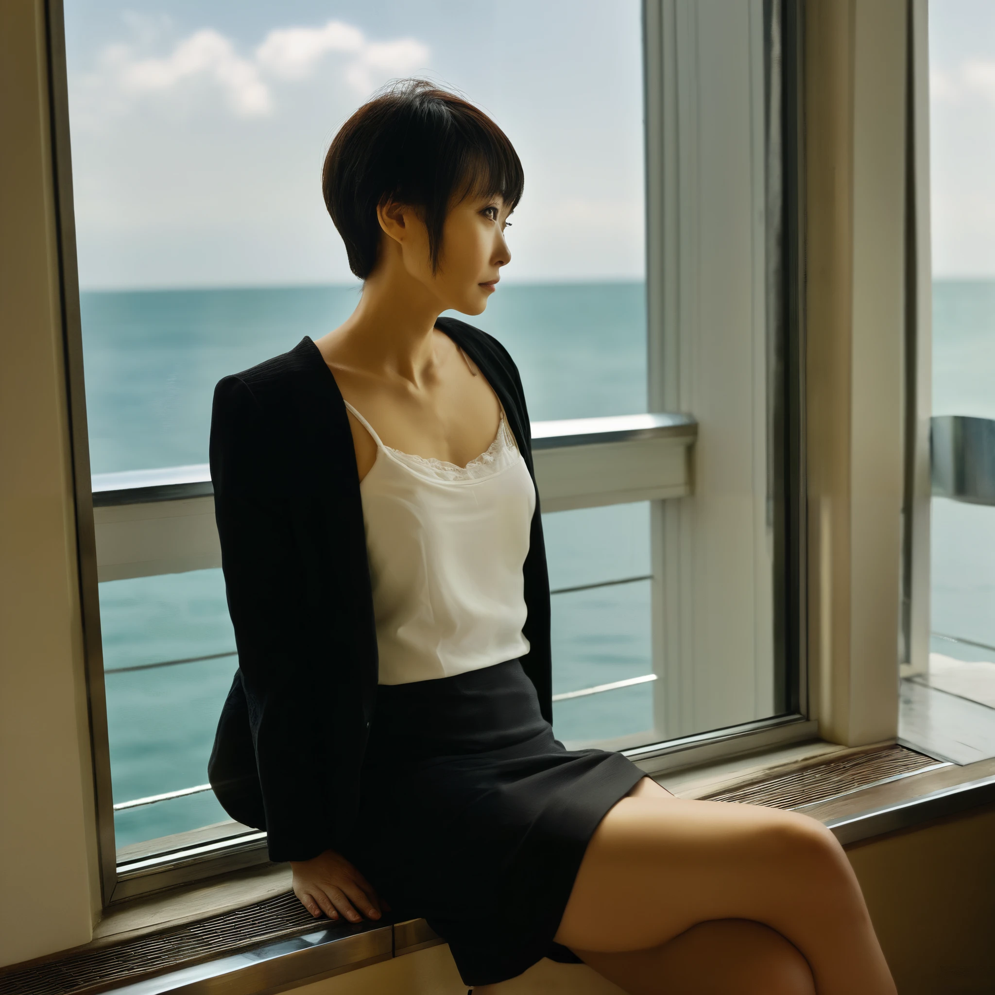 40-year-old Japanese woman、 Skinny Body 、very short hair、 white camisole that floats above the sea、in a black jacket、in a black skirt、Restaurant window seat、looking here