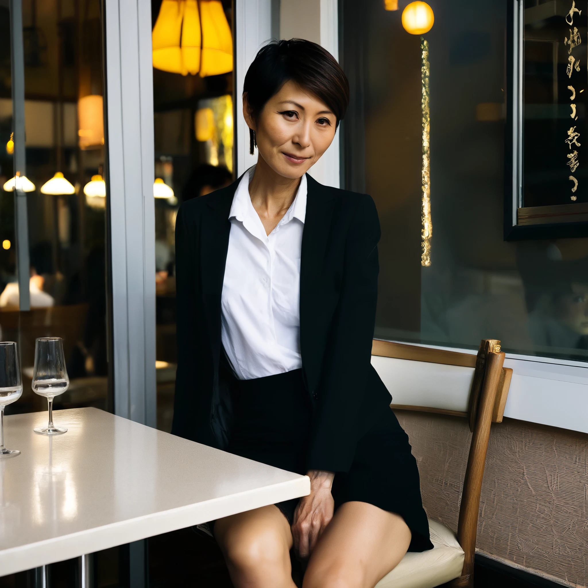 40-year-old Japanese woman、 Skinny Body 、very short hair、white shirt、in a black jacket、in a black skirt、Restaurant window seat、looking here