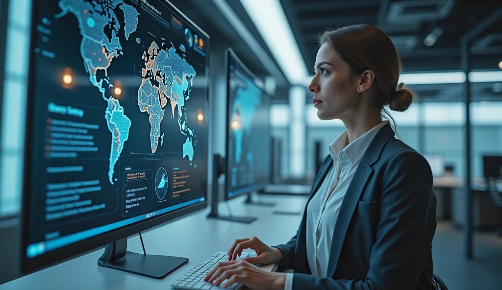 business woman hands operating a laptop on very modern office room background