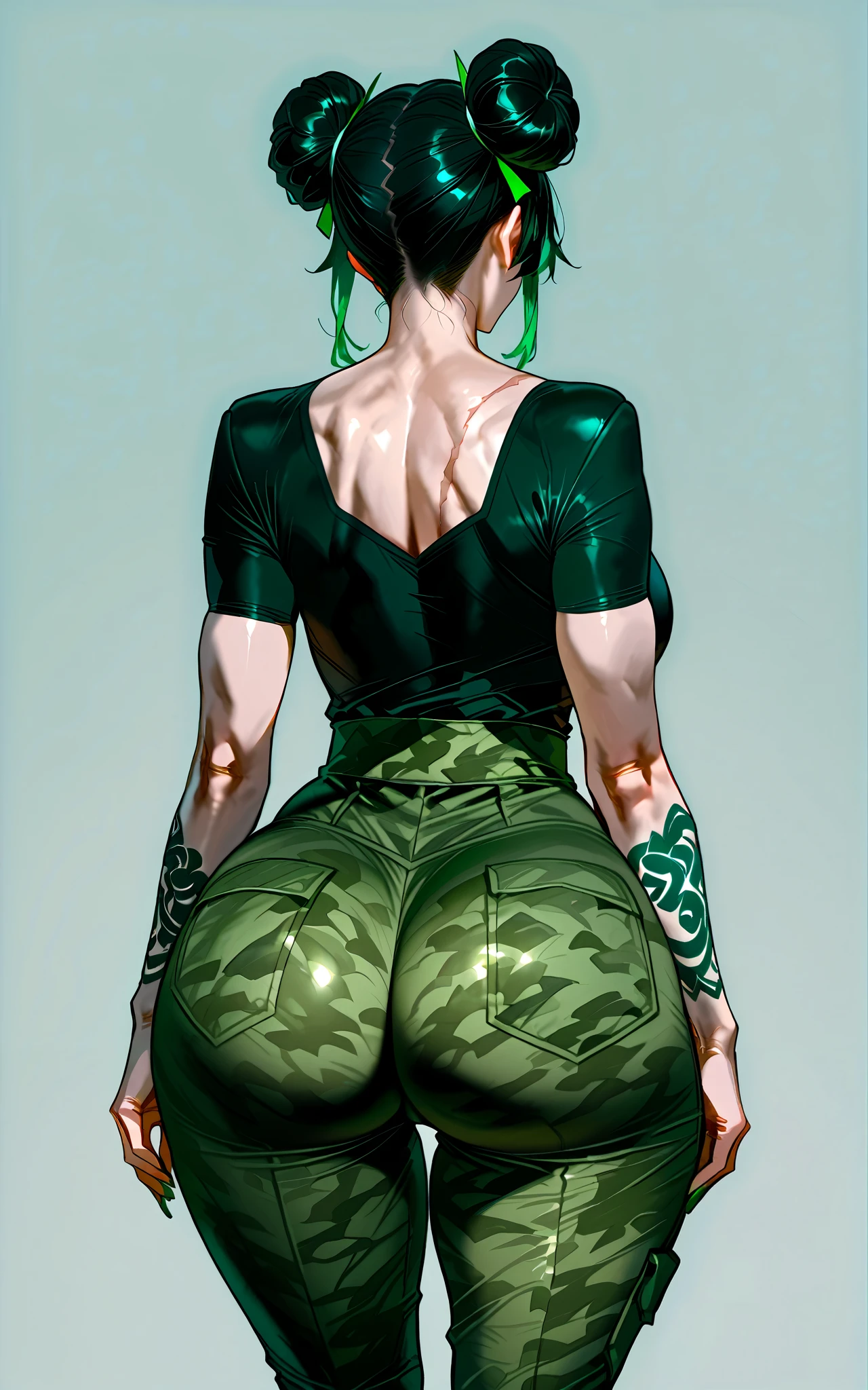 Full body image of Maki Zenin from Jujutsu Kaisen after the Zenin clan incident, full body in image, wearing her post-clan outfit (dark green jacket with sleeves torn off, harem pants, and black shoes, with glasses), long hair tied in a ponytail, female body, athletic and muscular body, visible scars on her face and arms, dynamic pose, detailed pose, simple background, expressive face showing determination, focus on face, line art, sketch