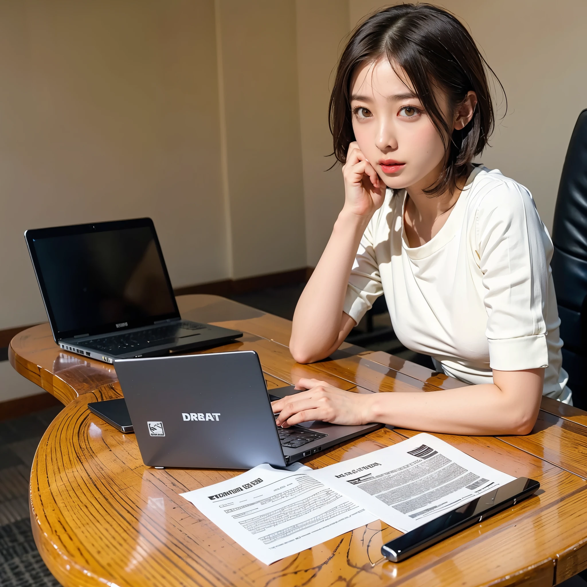 JS_NEWS,Major News,Laptop on the , sitting near the table, 1 girl,Laptop on the table, documents on the table ,very short bob hair, droopy eyes:1.5, Very thin:1.5