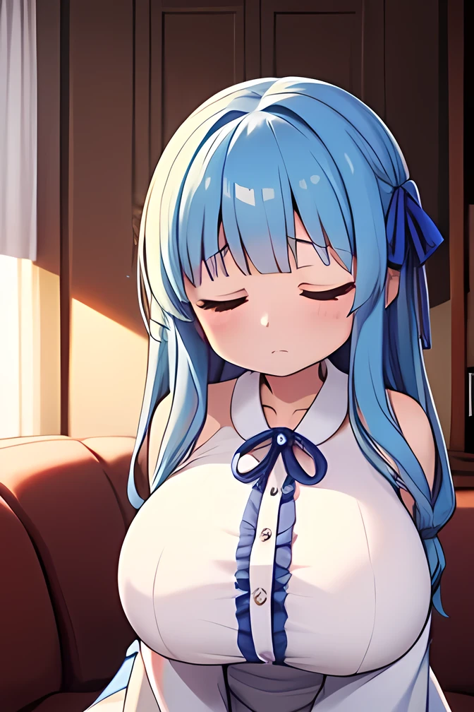 aoi kotonoha,((blue hair ribbon:1.4)),red eyes,(droopy eyes) ,blue hair ,very long hair,blunt bangs,((((tall to the eye))),(huge breast),((((grace body ))),white dress, detach sleeve, Wide Sleeves , shoulder out ,( lonely expression),(closed eyes),(closed mouth),(book on the knee ),indoors,living room,on the sofa,upper body,