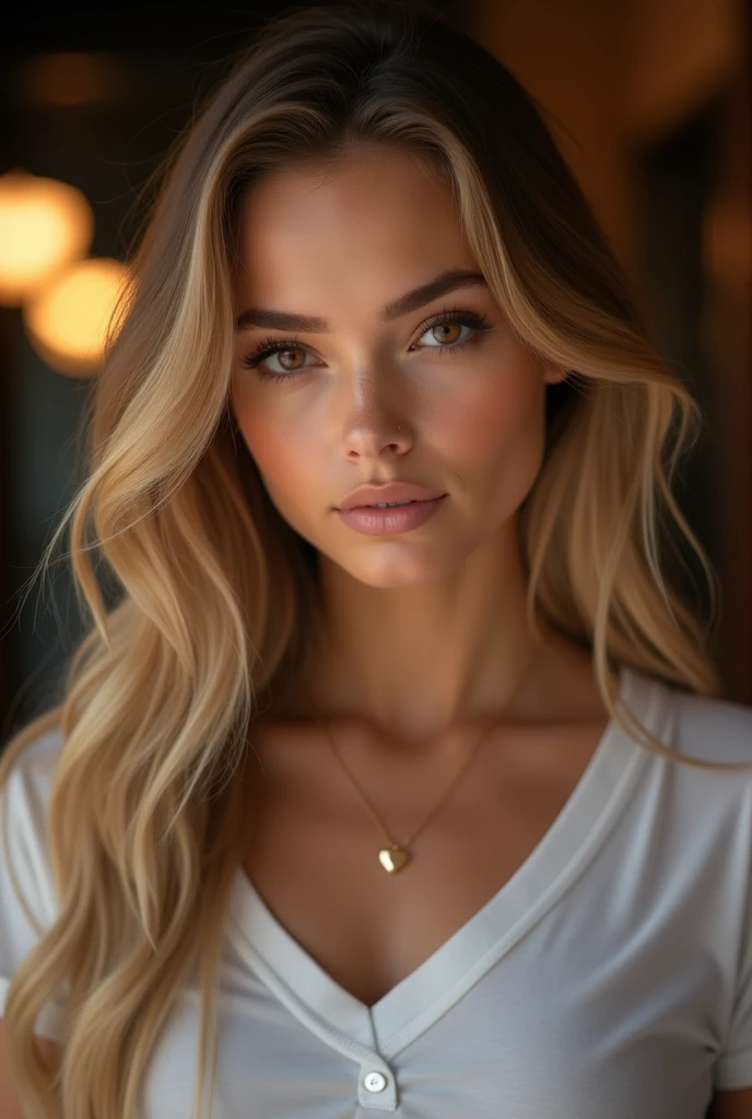 1girl in, age19, Solo, Long hair, Colossal , Looking at Viewer, blondehair, Bare shoulders, Brown eyes, jewely, Full body, a necklace, off shoulders, Sweaters, Realistic, A sexy