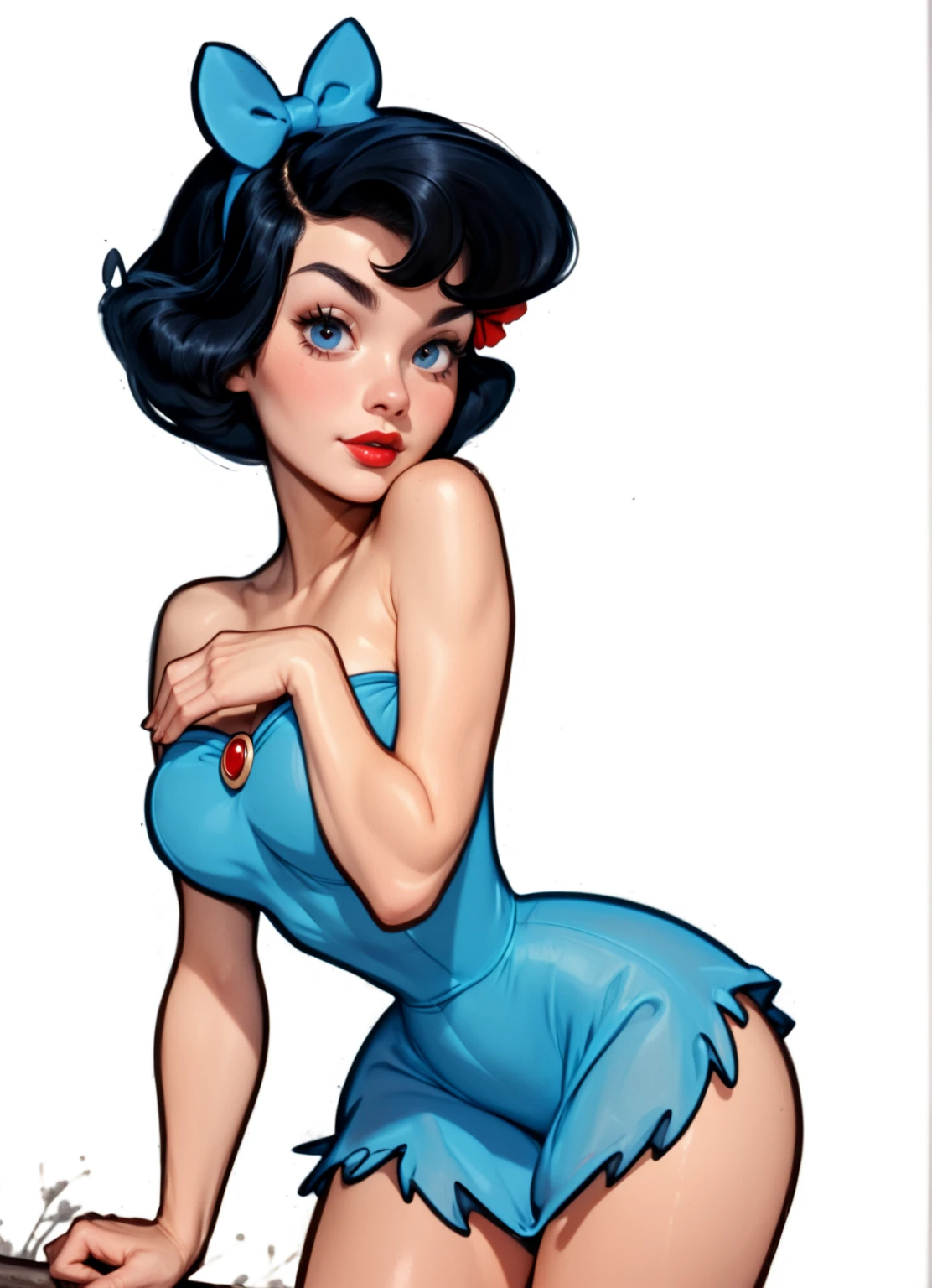 1girl, betty, the flintstones, Best quality, masterpiece, cowboy shot, black long bob hair with a blue ribbon, blue eyes, tight mini blue dress made of leather and stiches cloth, bdsm, rope tie, shackles, prehistoric scene, blue leather collar