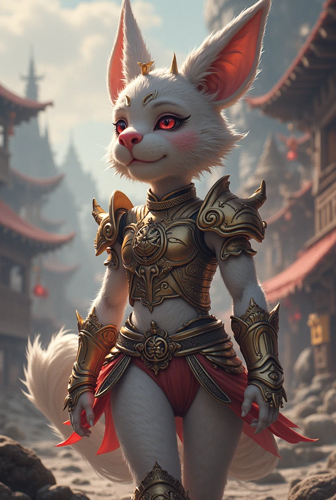 uploaded on e621, explicit content, 3d, (bastika, cutesexyrobutts, hioshiru), female, solo, renamon, castle, medieval japan, dusk setting, (armor, armor cruzade:1.2), large breasts, natural breasts, milf, standing, three quarters portrait, closeup, Chinese style, glowing sword, figthing pose