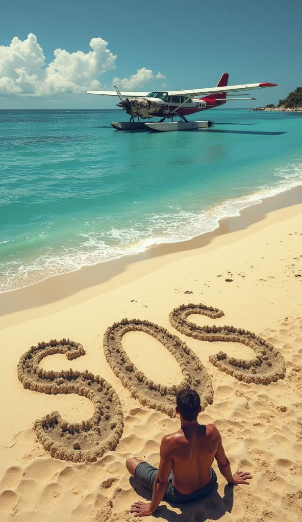 A man waiting to be rescued by writing SOS so big that it can be seen from the sky on a sandy beach on an uninhabited island、Sitting on a sandy beach and looking at the ocean、A Cessna has crashed in the distance