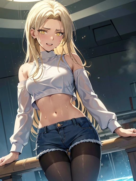 top-quality、supreme1People Girls,hightquality,A detailed face、A detailed eye、Detailed nose、Detailed mouth、 Beautiful expression, ((masuter piece)), ((High resolution)), ((Best Quality)), detail, (NSFW:1.4 ,cum faced、Excited face.Very happy,), ((Skin shiny with sweat)), (Small Sports Bra、Stockings)、 girl with, a blond, (Half Twin Tail)、Standing figure、fair white skin:1.3、、Smaller chest, cinmatic lighting, perfectly shaded,(((Dark bedroom))), Realistic lighting with shades,Reflecting the whole body