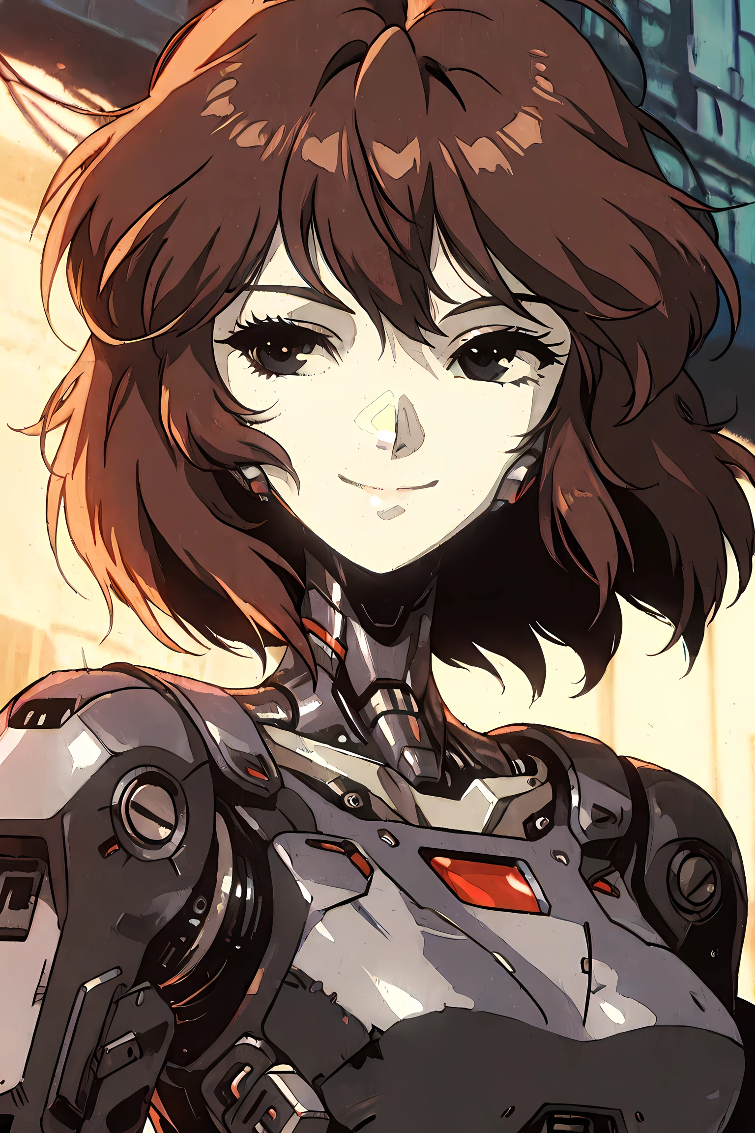 masterpiece, best quality, retro illustration, knva, bloom, high contrast, detailed texture, cyberpunk, AliceFPE, 1girl, solo, medium hair, brown hair, black eyes, metal skin, white skin, smile, cybernetically enhanced, cyborg, android, portrait, tokyo district, 