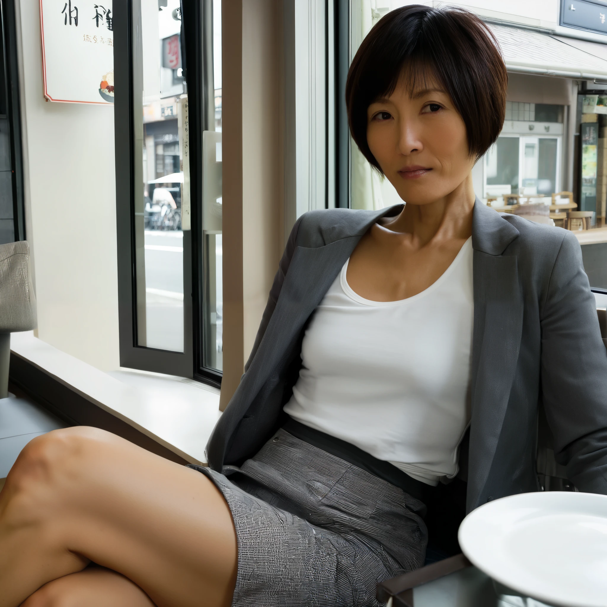 40-year-old Japanese woman、 Skinny Body 、very short hair、white tank top、gray jacket、Wearing a gray skirt、Restaurant window seat、looking here