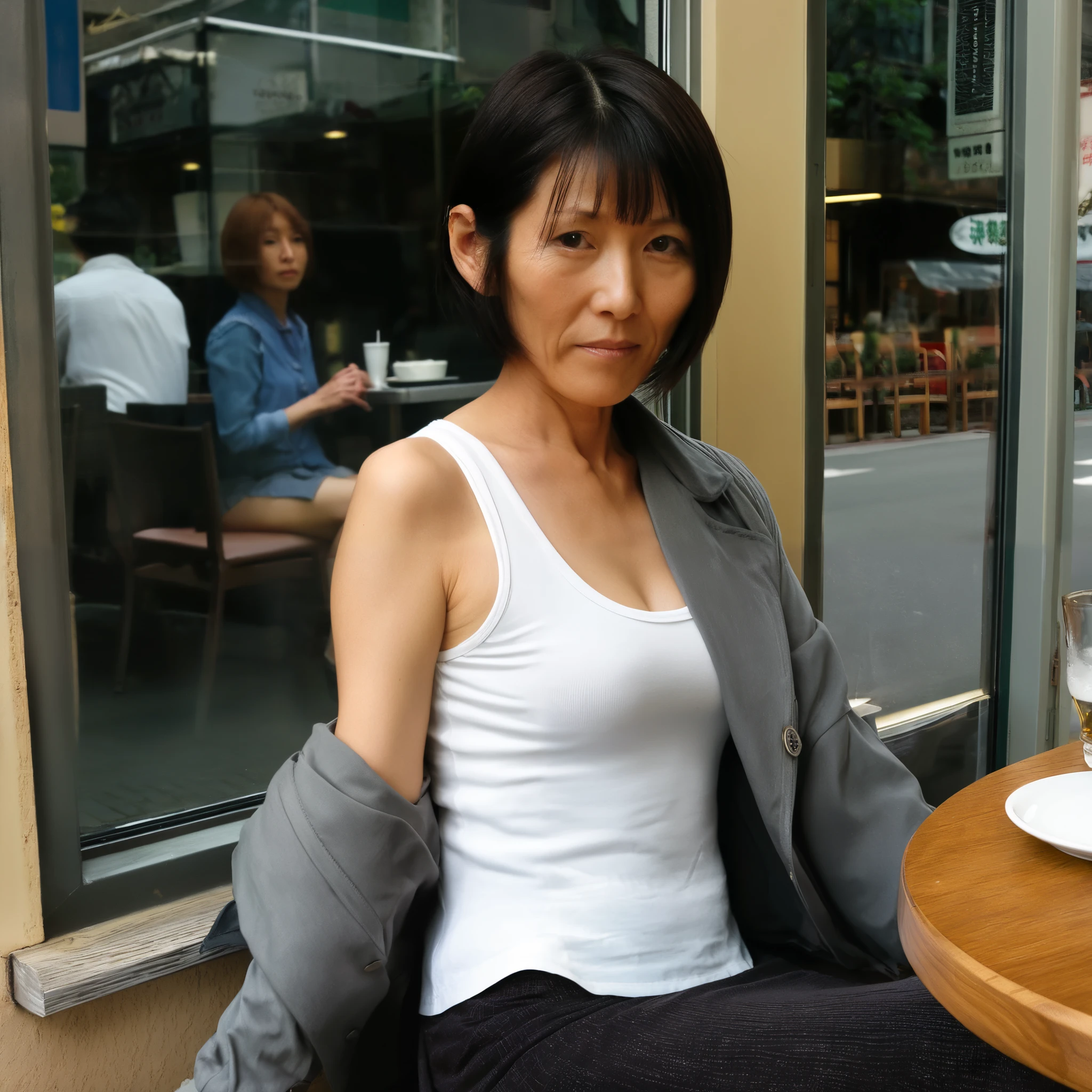 40-year-old Japanese woman、 Skinny Body 、very short hair、white tank top、gray jacket、Wearing a gray skirt、Restaurant window seat、looking here