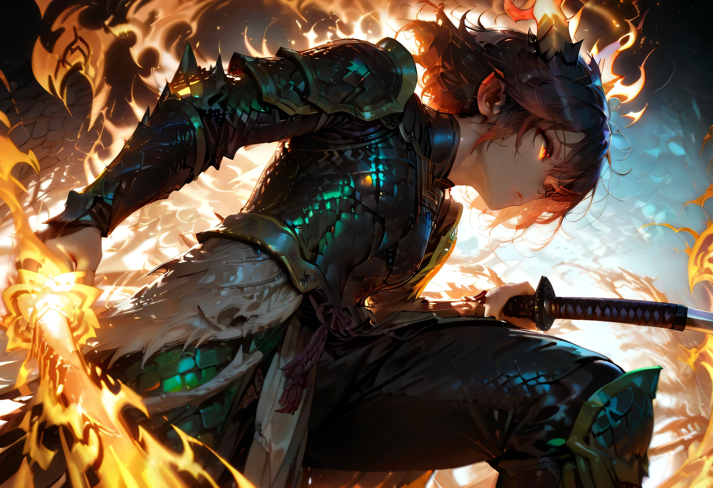 epic wallpaper,cool art,(1girl),black armor,intricate detailed armor,katana,demon katana,detailed fantasy woman,cinematic lighting,dramatic pose,sharp focus,ultra-detailed,8K,photorealistic,professional digital art,dark fantasy,highly saturated colors,moody atmosphere,dramatic shadows,glowing demonic katana,(intricate detailed dragon armor:1.5), Holding Katana,(intricate detailed Demonic Katana), close shot,(low view), masterpiece,(Energy overflow),aura,(Energy aura forms Dragon Roar:1.5),