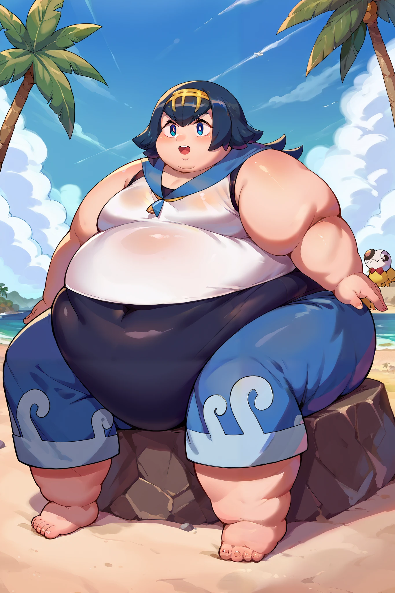 Anime boy posing on beach with a huge belly, thicc, he has a jiggly fat round belly, extremely plump, hyperrealistic full figure,(( obese )), morbidly obese, obese, , thick body, ((insanely inflated hips, Thick Thighs, Fat but)), fat man, bbwchan, Chubby face,giant stunning goddess shot, yellow eyes, green hair, short hair, tattoo, forehead tattoo, necklace, 1boy, solo focus, male focus, black within green hair, xiao \(genshin impact\), expression:( Blushing, Embarrassed)