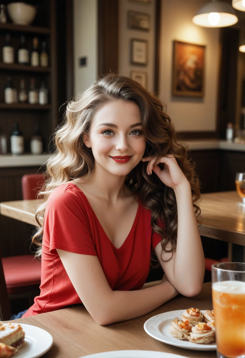 Gorgeous portrait of an older Spanish woman, long wavy hair, bright red lips, black eye shadow, charming smile, deep neckline, cafe, eye contact, looking at viewer, masterpiece, best quality, perfect detail, perfect face detail, perfect eye detail , perfect skin detail, depth of field, perfect lighting