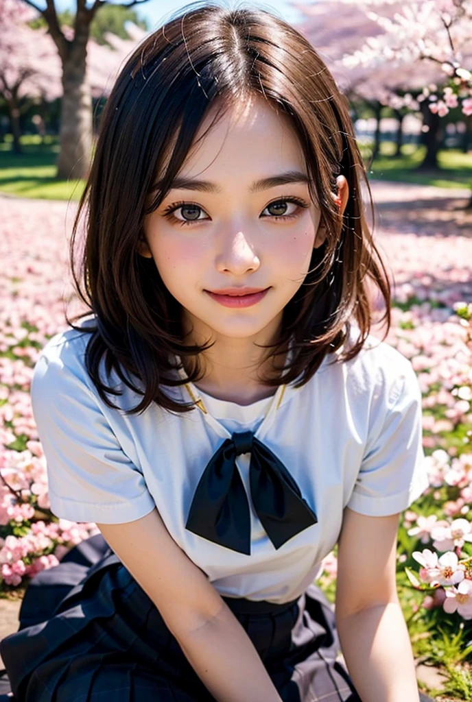 photo realistic, (((masterpiece))), ((( best quality))),(((superb clarity))),unparalleled detail,exquisite detail,ultra high definition,first-class quality,hyper-realistic,life-like,8k, BREAK,(((catchlight:1.1))),semi backlit,(((reflector effect))),(((panoramic view:1.4))),(sharp focus),(((Medium Full Shot:1.3))),BREAK, 1cute girl,17years old,(((girly outfit))),(((sheer pleated skirt:1.2))),((short sleeve,feminine blouse)),(((western facial features))),(((large irises:1.1))),medium hair, BREAK,(((nose blush))),(((shy smile))),(((golden ratio beautiful girl:1))),(innocent beauty:0.5),(beautiful girl with a well-balanced ishness and maturity:0.4),(((absolute beautiful girl))),(shapely nose),(Ogee curve),(best esthetic line),(beautiful face line),(small-nosewings),(Cupid's Bow Lips),(round face),beautiful detailed eyes, beautiful detailed hair,shiny skin,BREAK,(((row of cherry blossom trees in full bloom:1.2))),(((Sunlight filtering through the trees onto the ground))),fantastic background